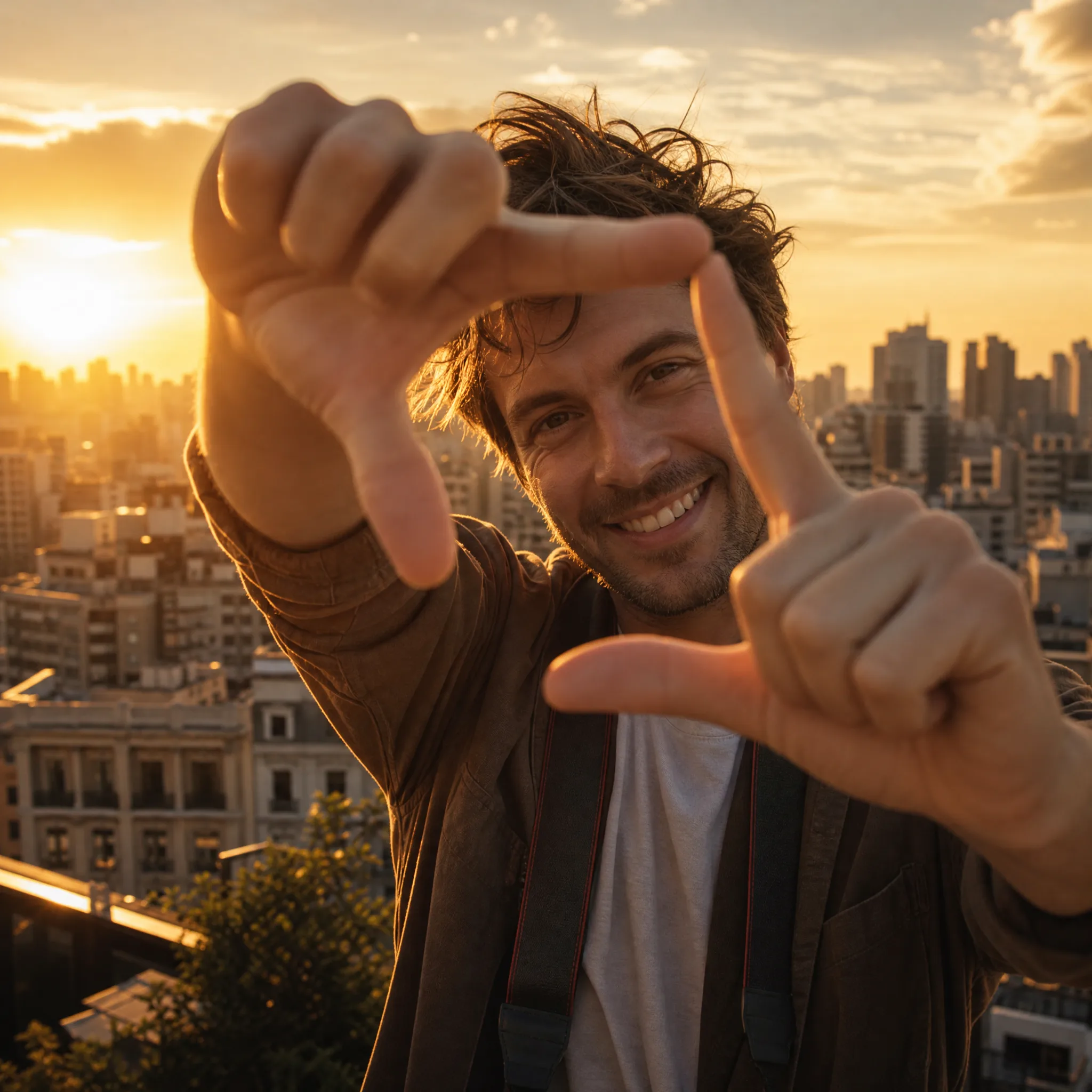 Man on a rooftop making a frame with his fingers around a golden-hour city skyline