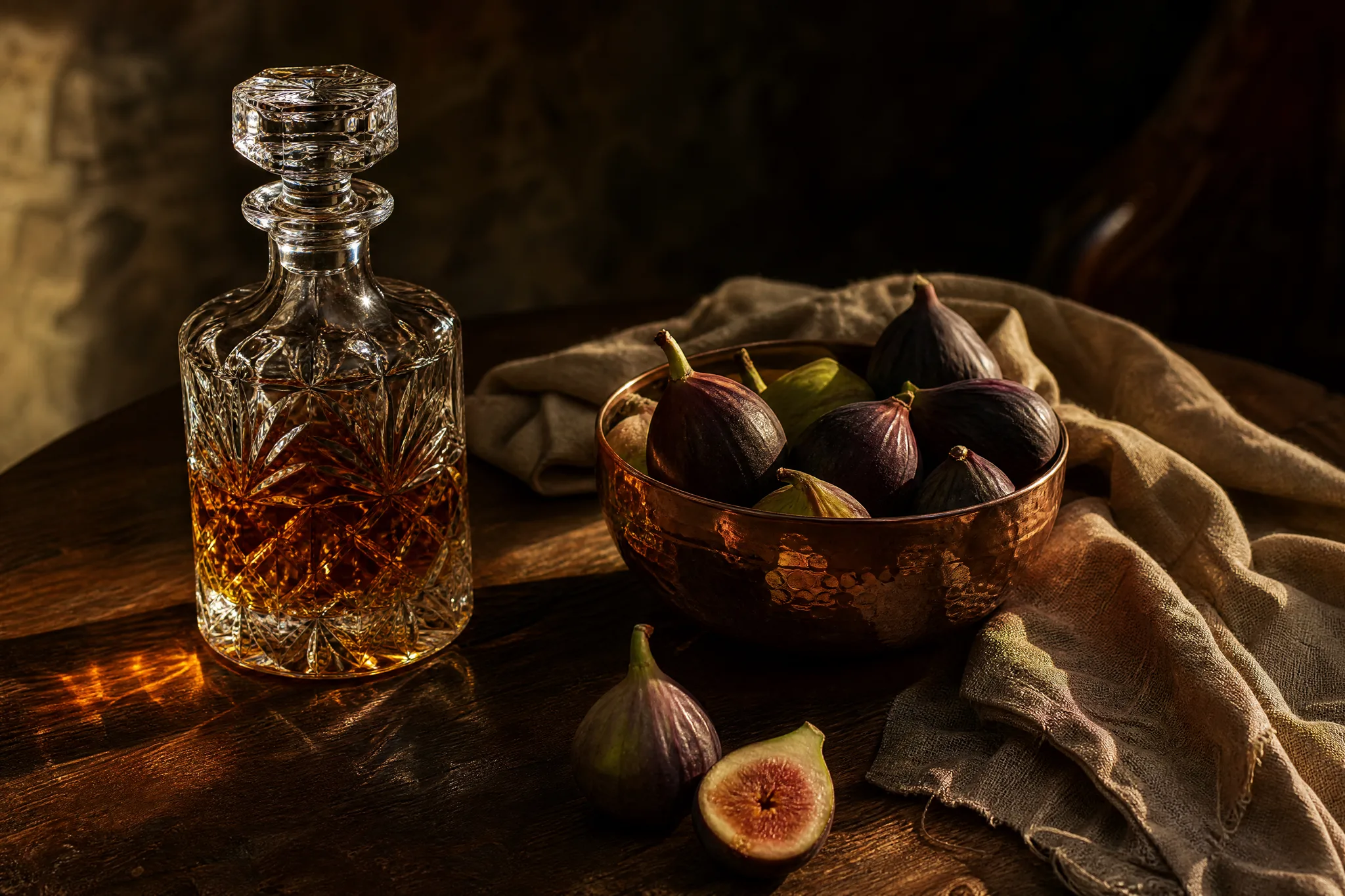 GPT Image 2: Crystal, Copper and Linen Golden side light across a cut-glass decanter, a hammered copper bowl of figs and a linen napkin on walnut