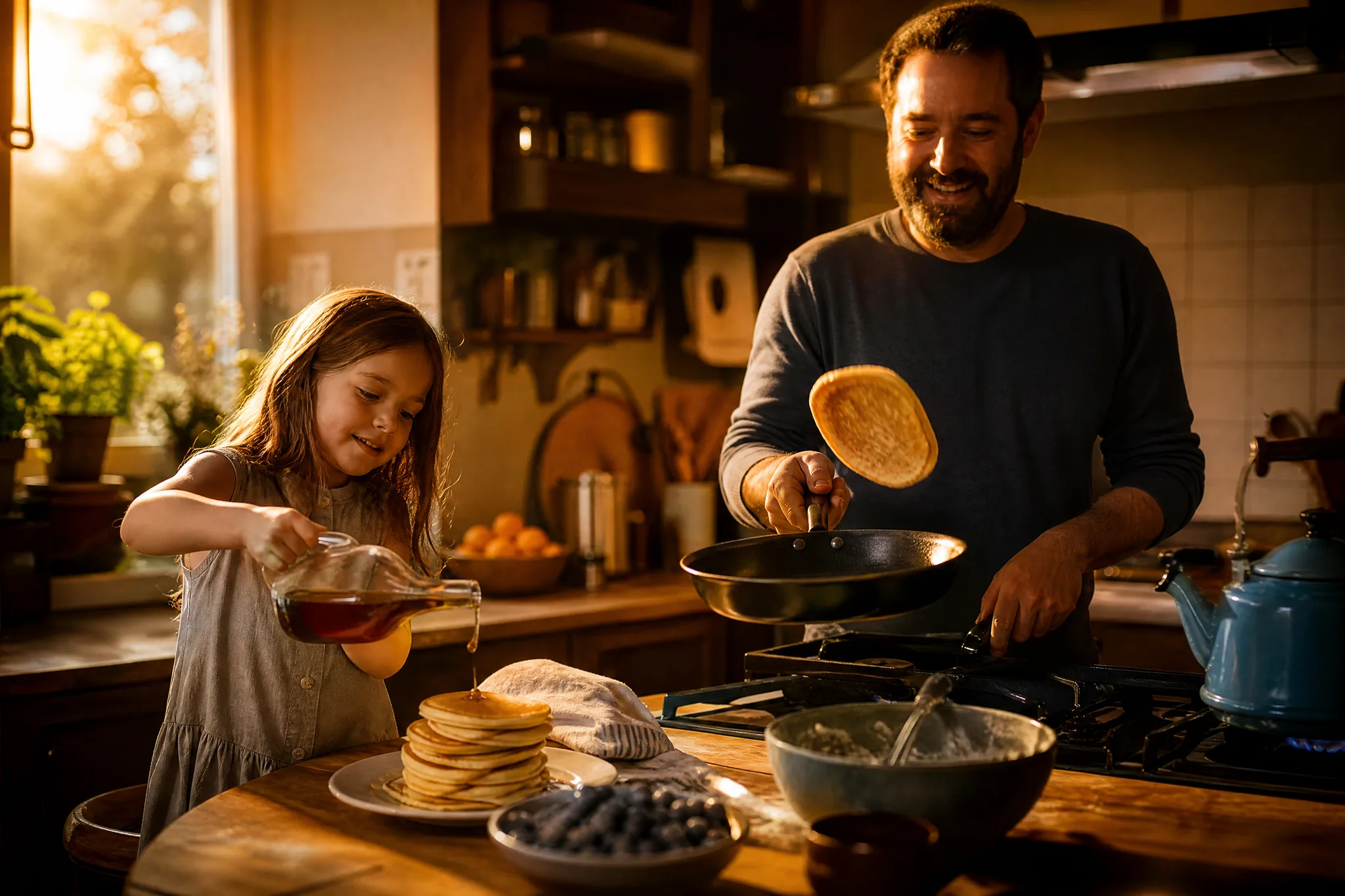 GPT Image 2: A Family Breakfast in Detail Sunny family kitchen where a dad flips a pancake in cast iron as his daughter pours syrup