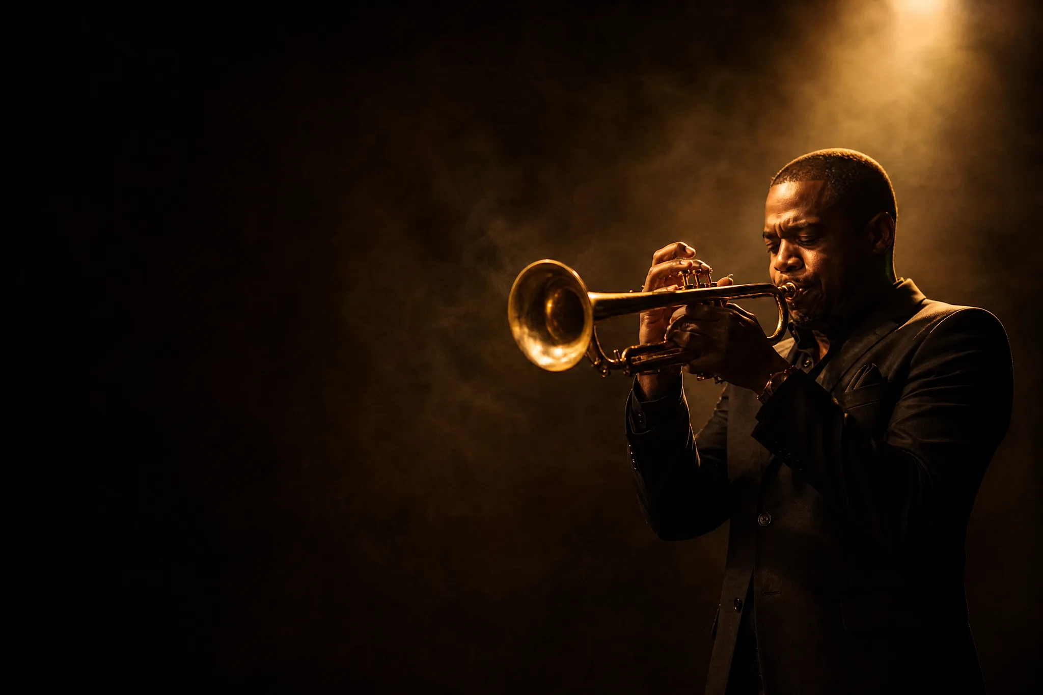 GPT Image 2: Poster Space for Lettering Spotlit jazz trumpeter on the right side of the frame, dark empty space on the left for poster text