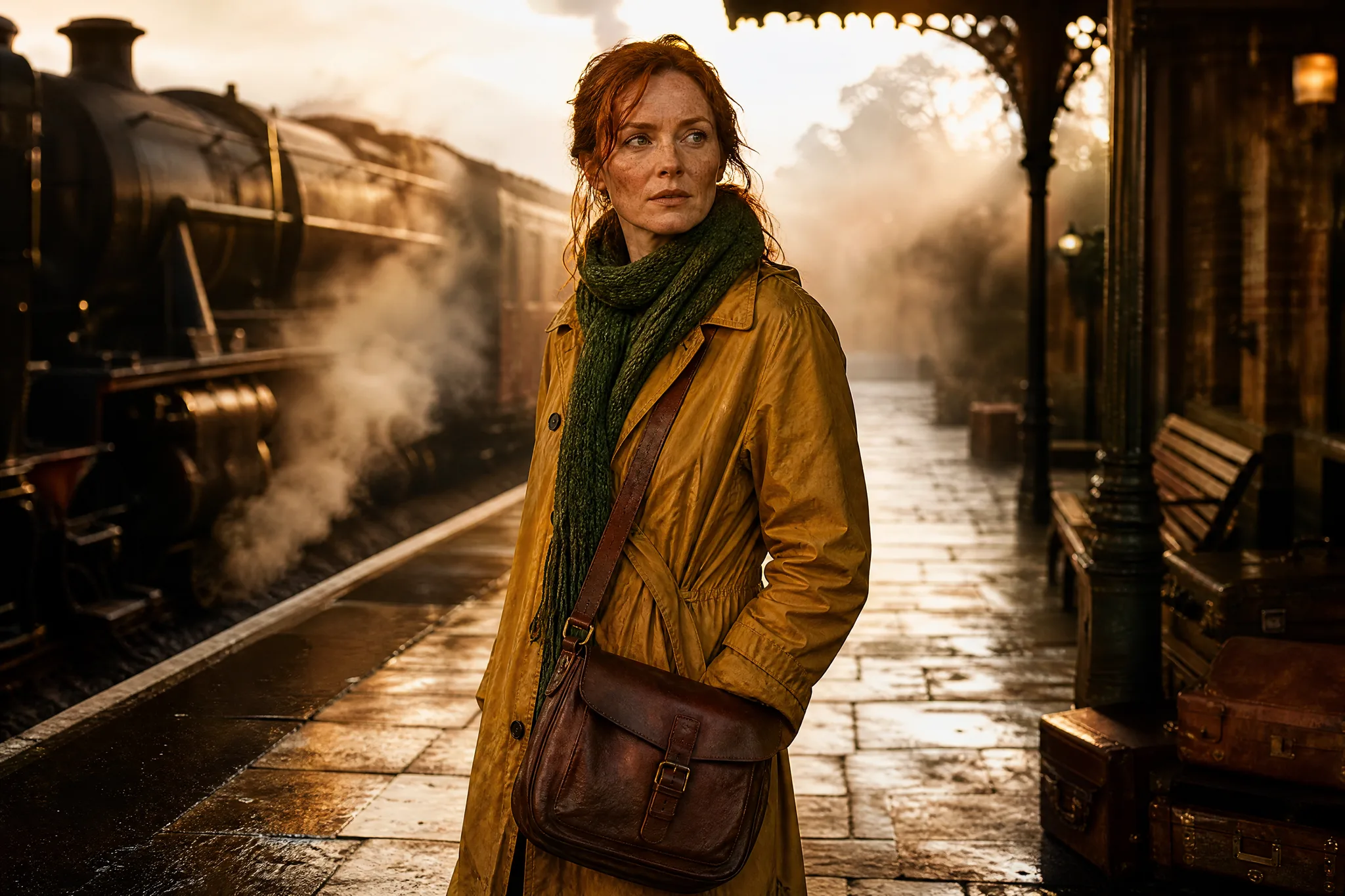 GPT Image 2: A Character to Reuse Explorer with red hair, a mustard raincoat, green scarf and leather satchel on a foggy railway platform