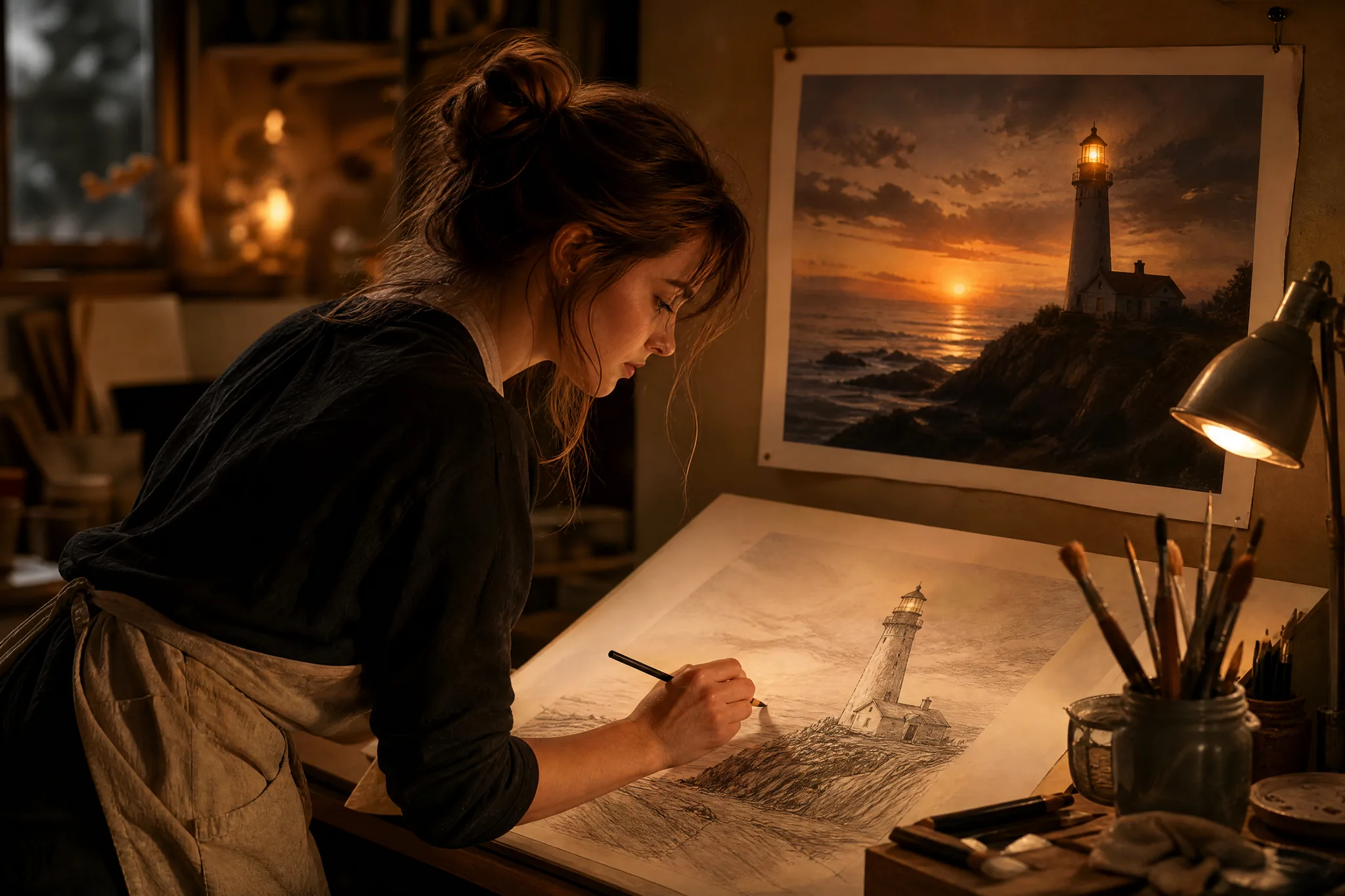 GPT Image 2: Sketch to Finished Scene Lighthouse pencil sketch on a drawing table beneath a finished painting of the same lighthouse at dusk
