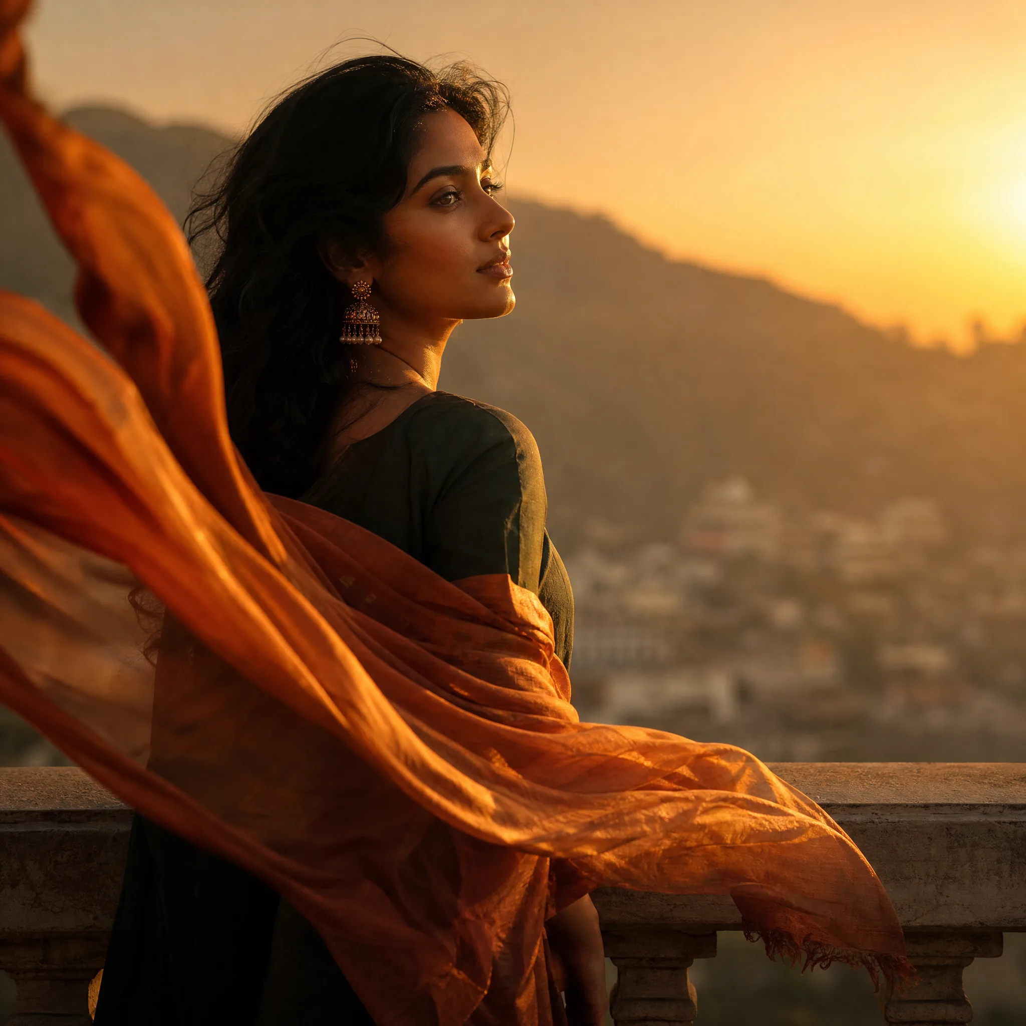 Woman by a stone balustrade facing the sunset as a long burnt-orange silk scarf lifts on the wind beside her