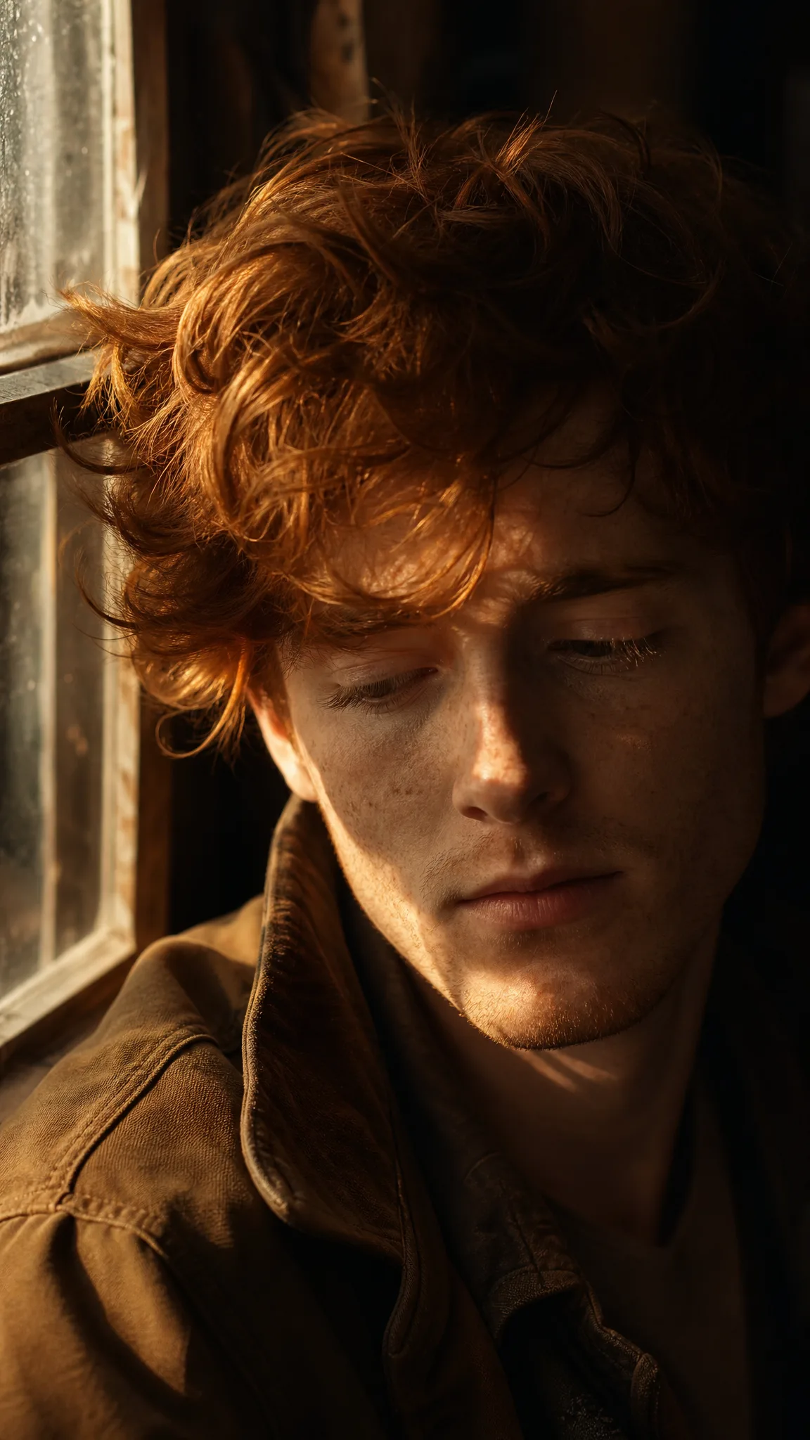 Tight vertical portrait of a freckled young man with tousled red hair, eyes lowered in warm window light