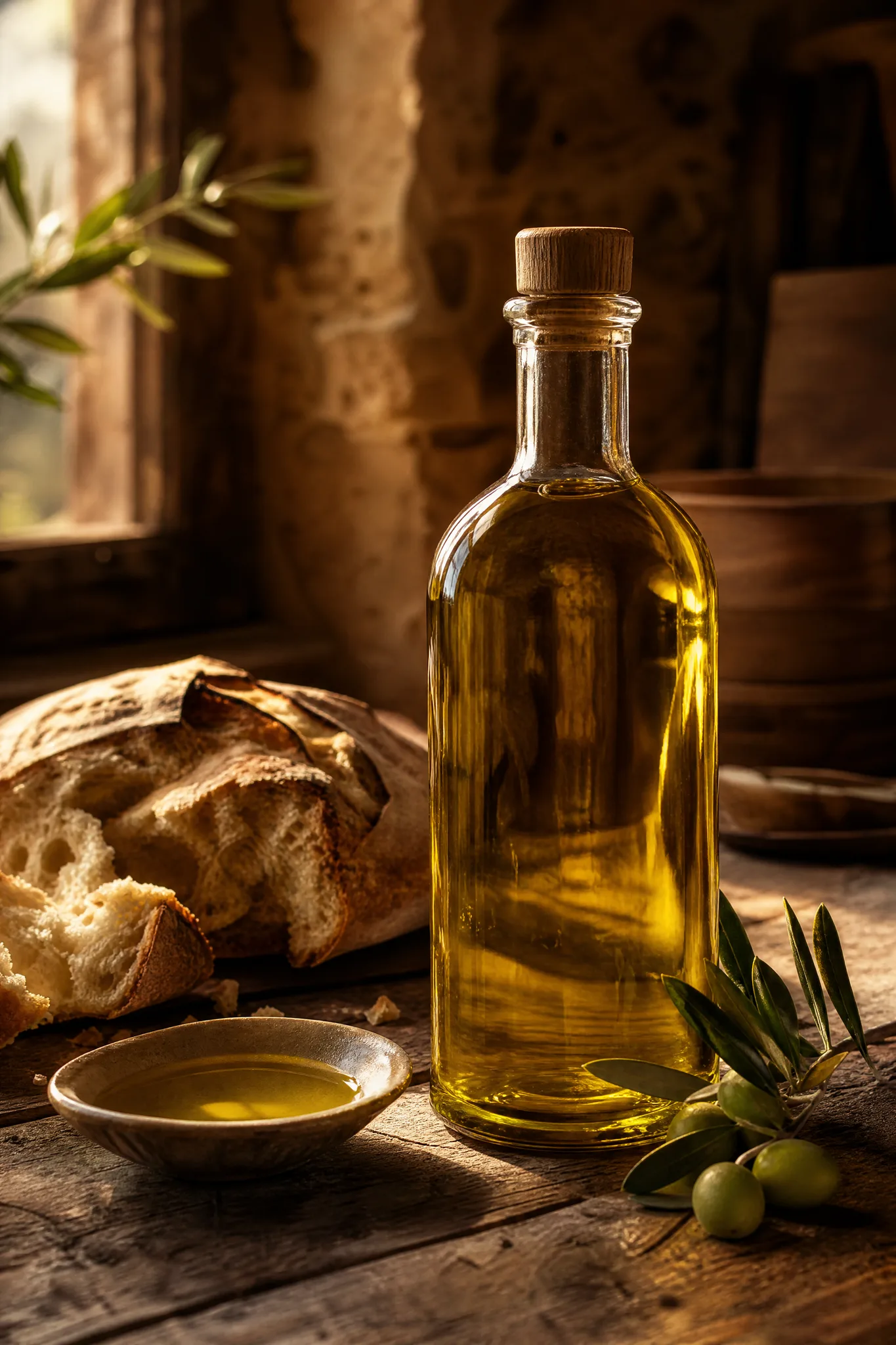 Grok Imagine Image 2: Olive Oil Table Golden olive oil in an unlabelled bottle, with crusty bread and an olive sprig on a rustic table