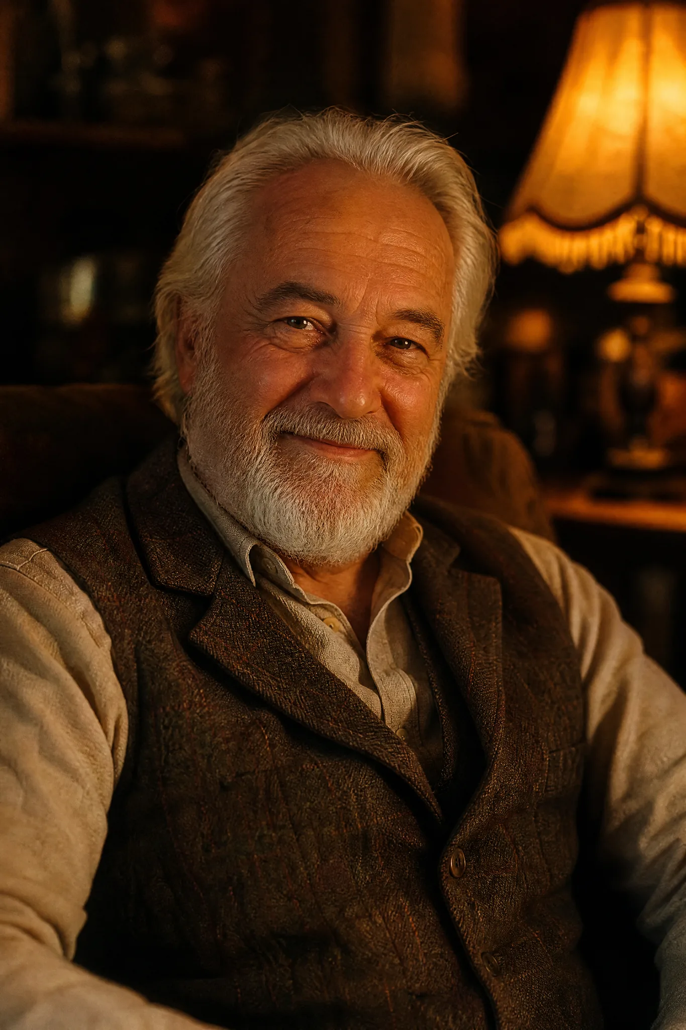 Grok Imagine Image 2: Lamplit Portrait Smiling older man with a white beard in the soft glow of a lamp