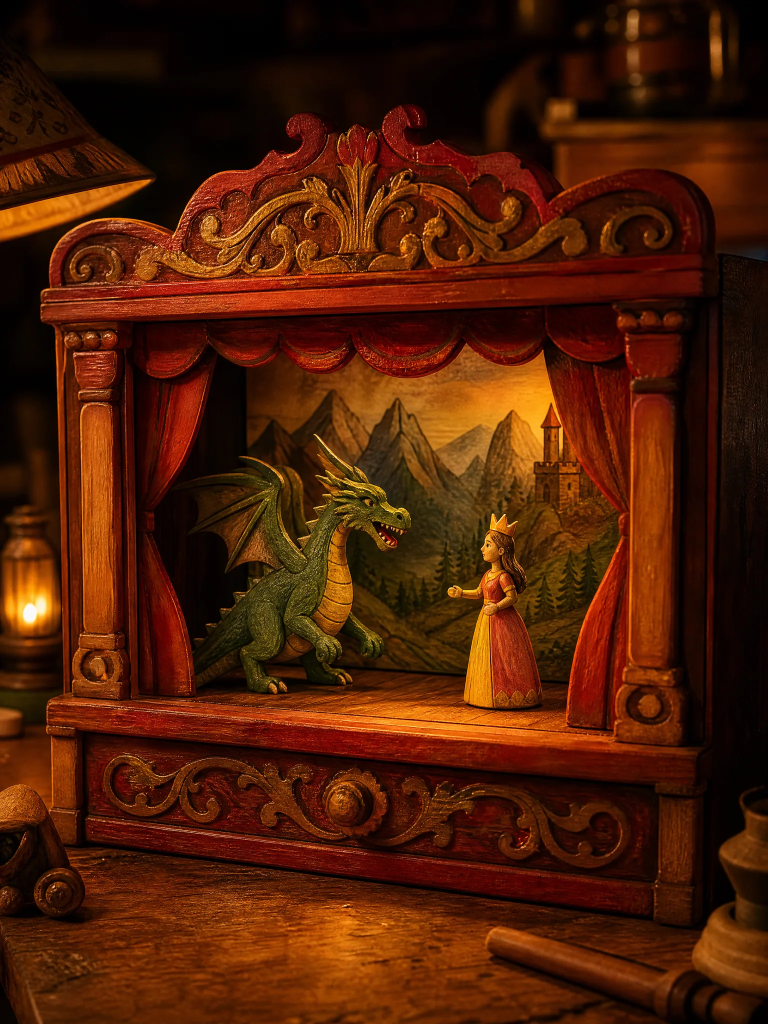 Grok Imagine Image 2: Toy Theatre Hand-painted wooden toy theatre with a little dragon and a princess on its stage