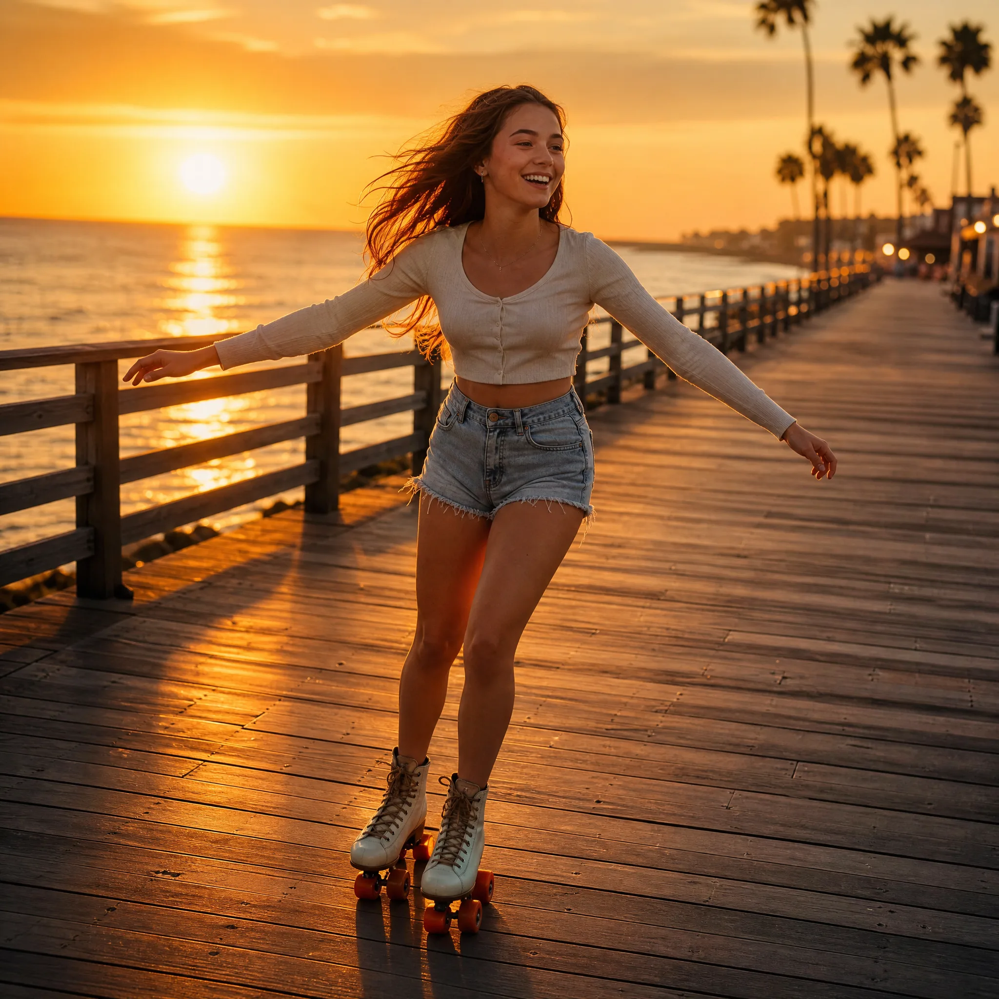 Young woman on roller skates gliding down an empty seaside boardwalk at sunset