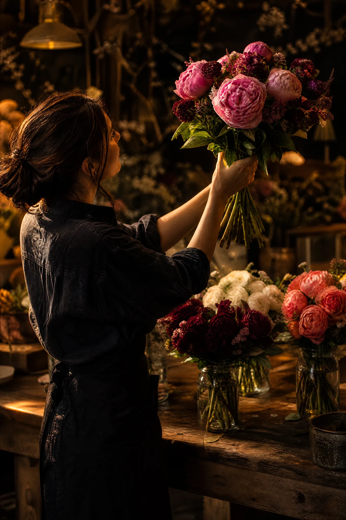 Grok Imagine Image 2: Bouquet Options Florist holding up a peony bouquet, other bouquet options in jars on the bench behind her