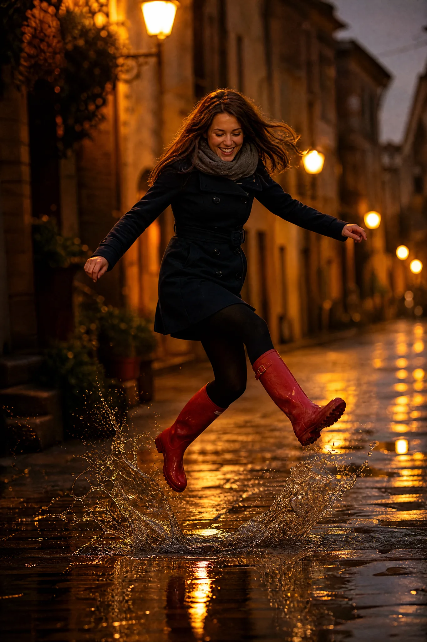 Grok Imagine Image 2: Puddle Leap Young woman in red rain boots jumping over a puddle on a cobbled street under streetlamps