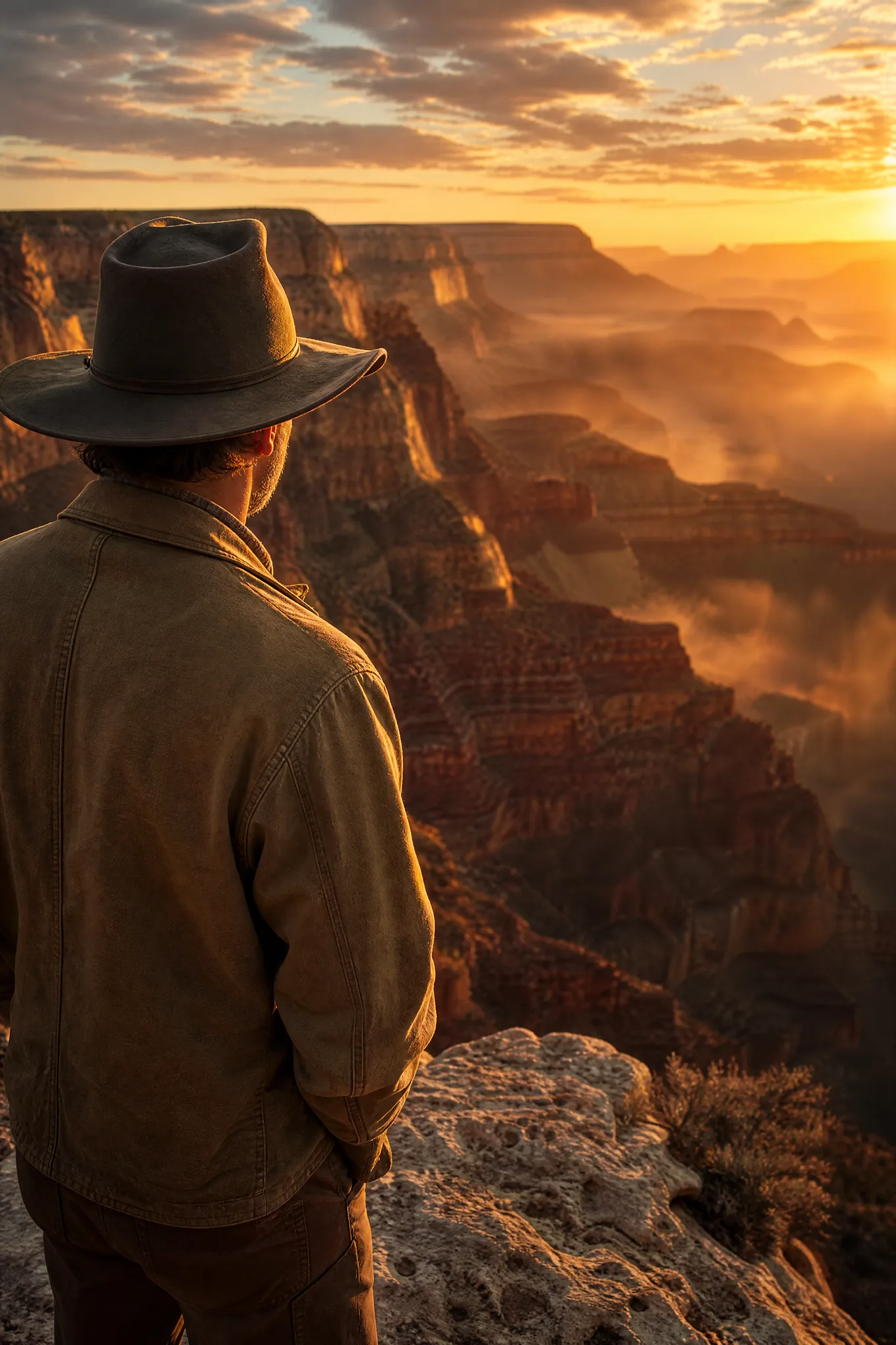 Man wearing a wide-brimmed hat standing on the edge of a glowing canyon at sunrise