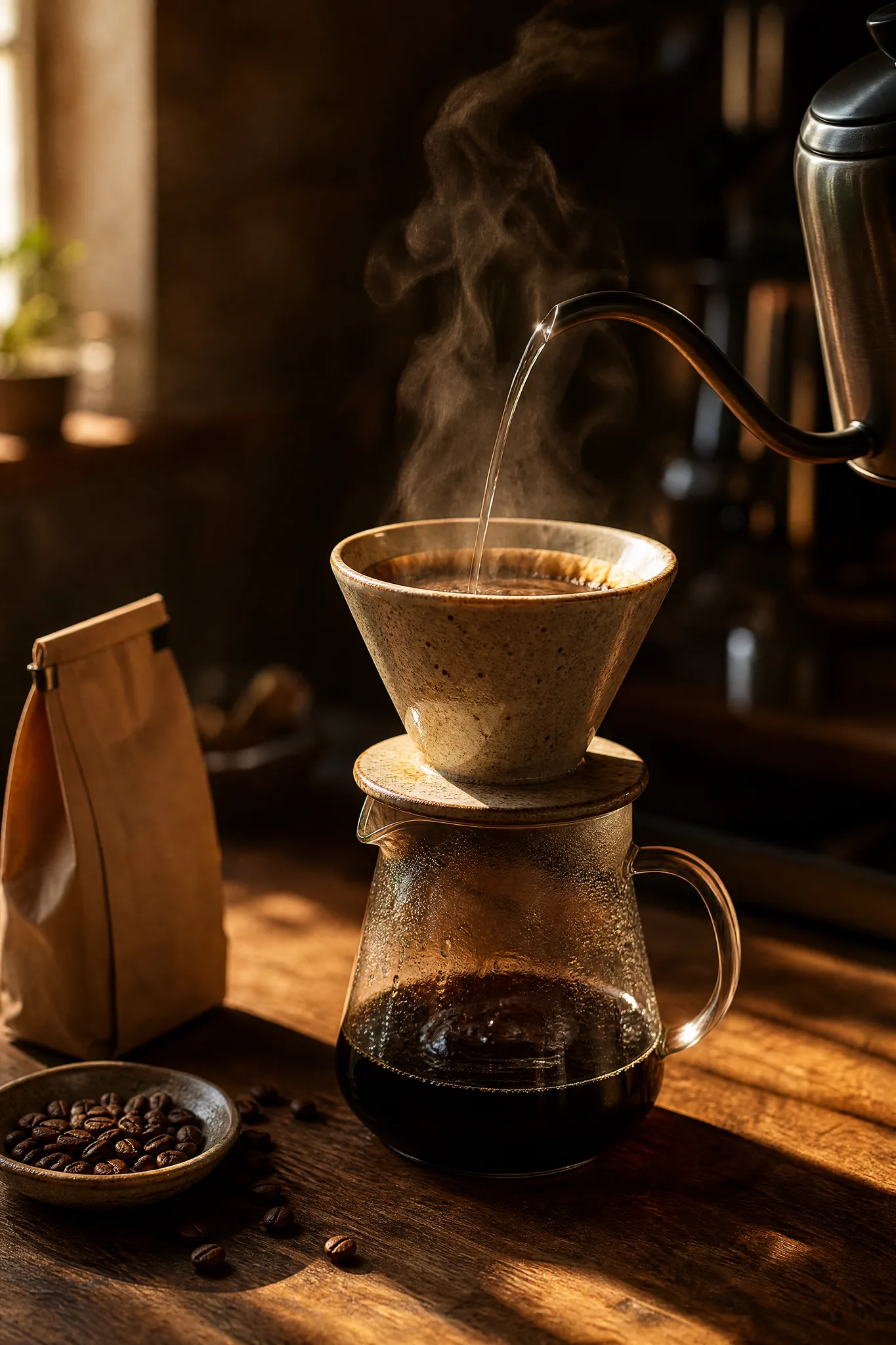 Grok Imagine Image: Pour-Over Close-Up Handmade ceramic pour-over coffee dripper on a carafe, steam rising, on a wooden café counter