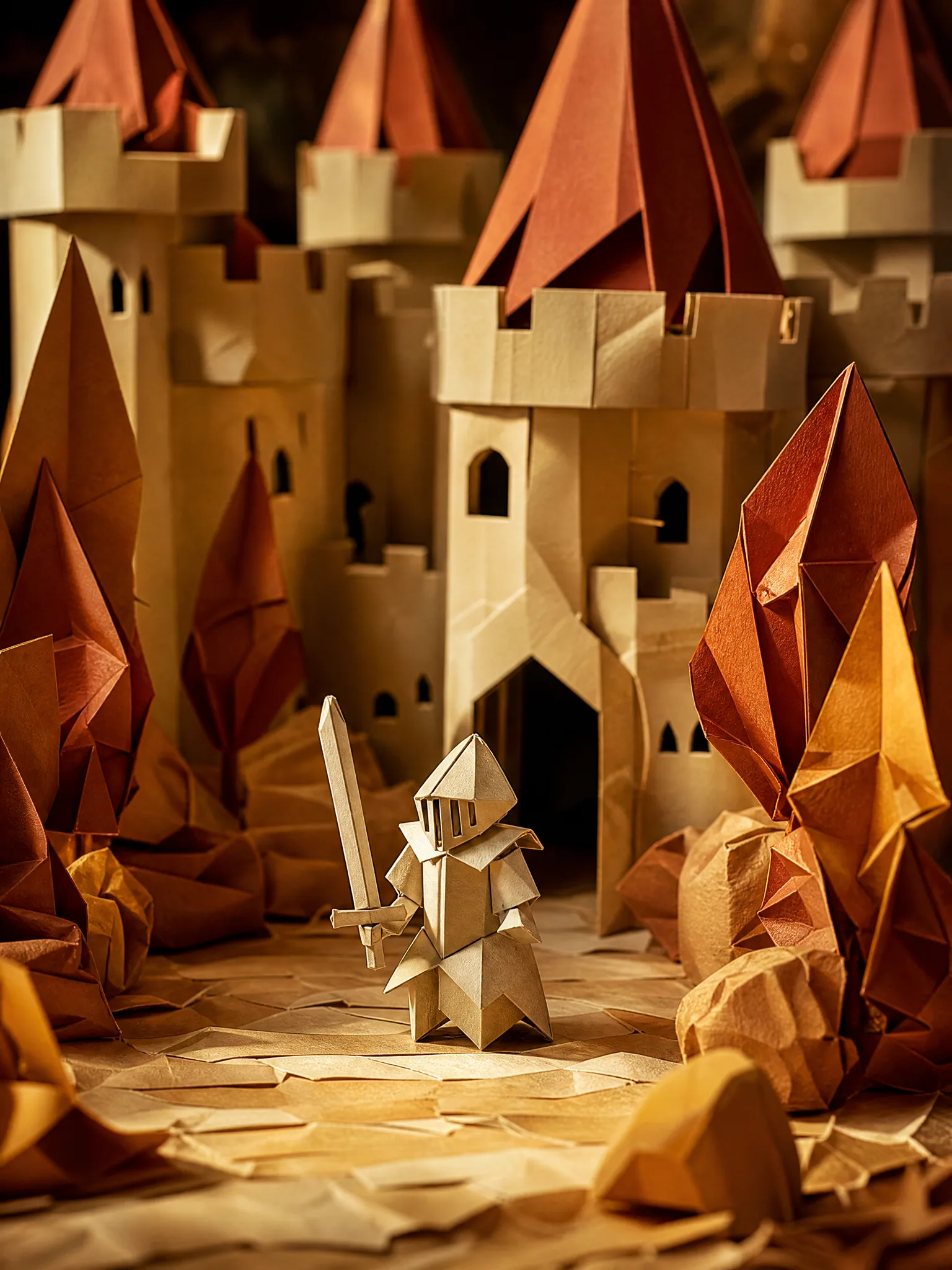 Grok Imagine Image: Paper Knight Paper knight folded from card, standing in the courtyard of a handmade paper castle