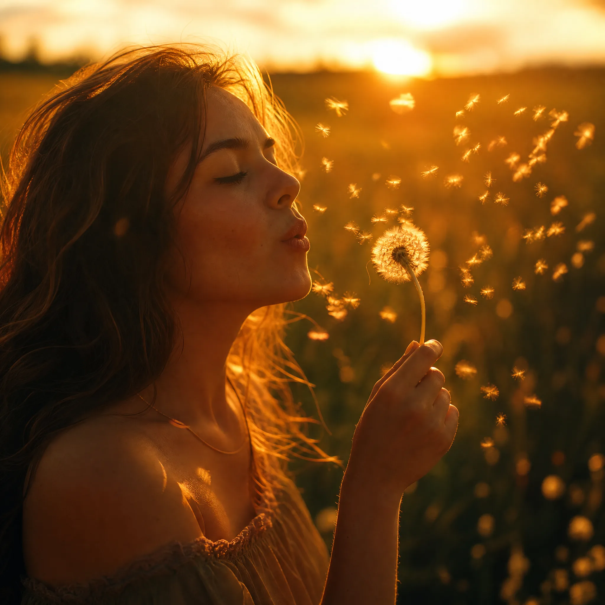 Young woman blowing dandelion seeds into golden backlight at sunset