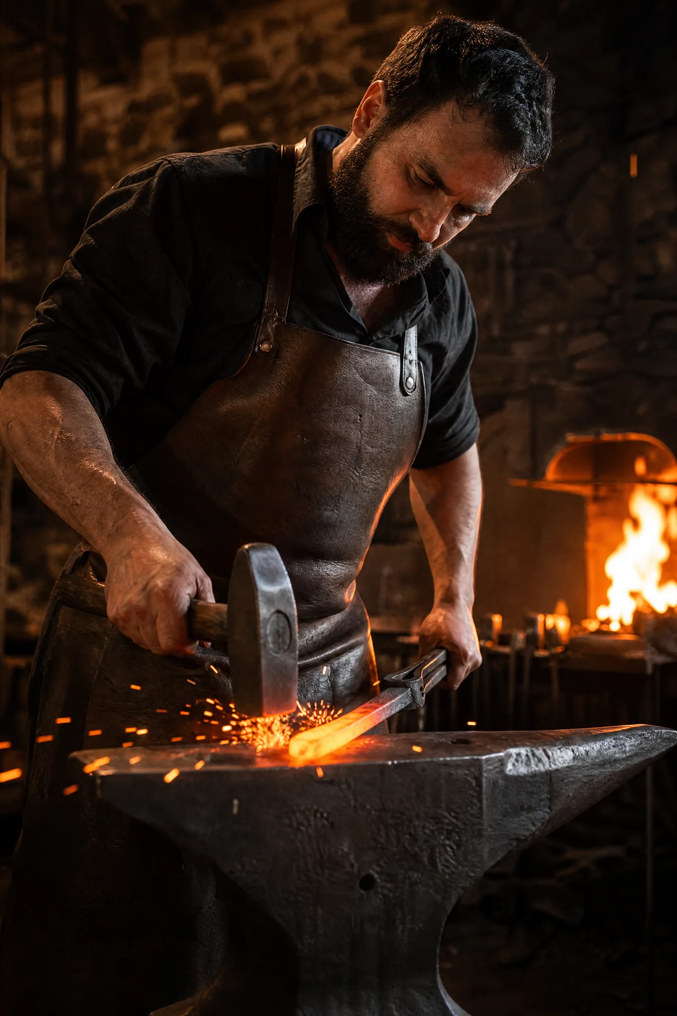 Grok Imagine Image: Sparks from the Anvil Blacksmith seen from below hammering red-hot steel on an anvil as sparks fly