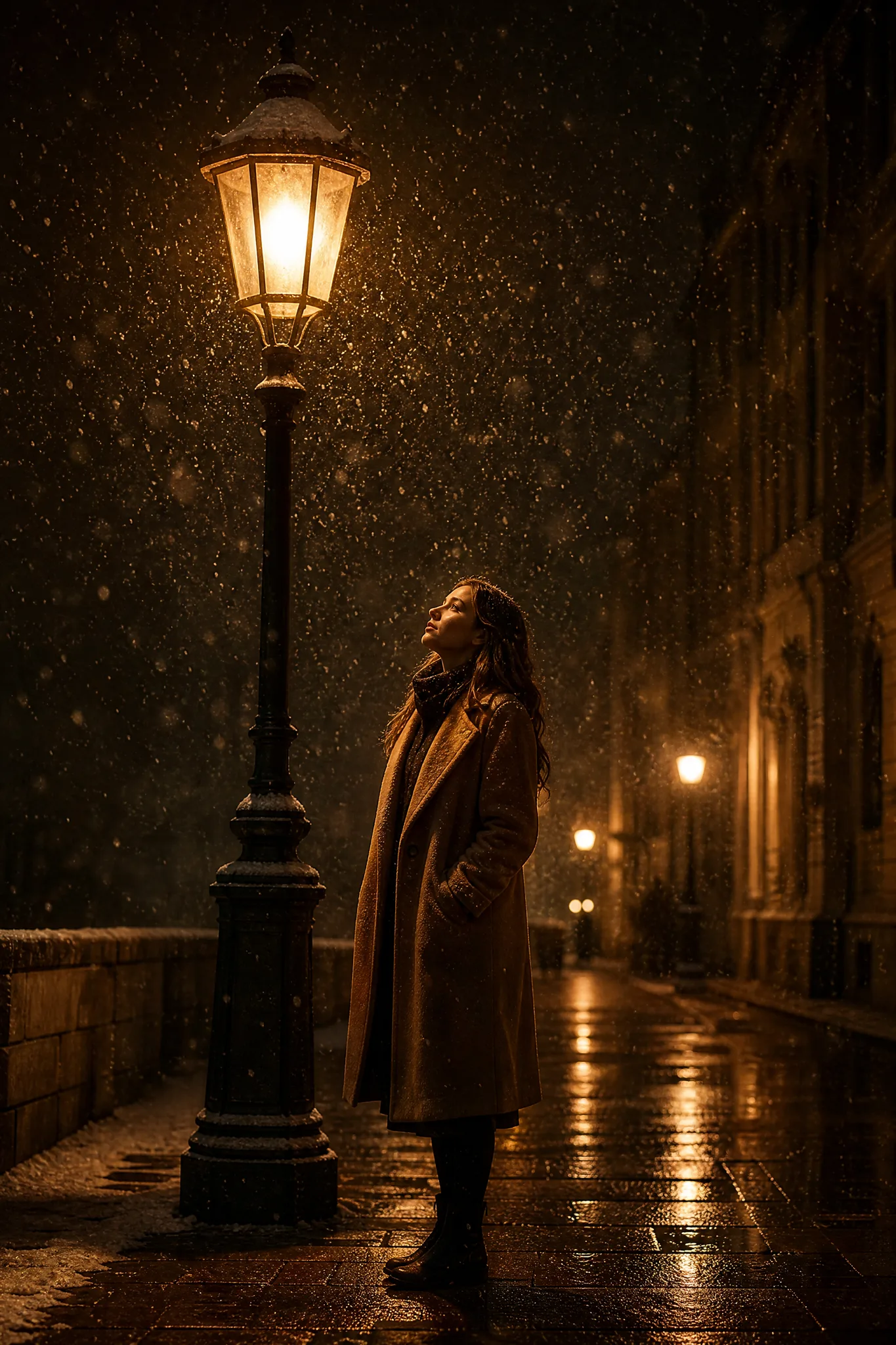 Grok Imagine Image: Winter Streetlamp Woman in a long camel coat beneath a glowing streetlamp as snow falls