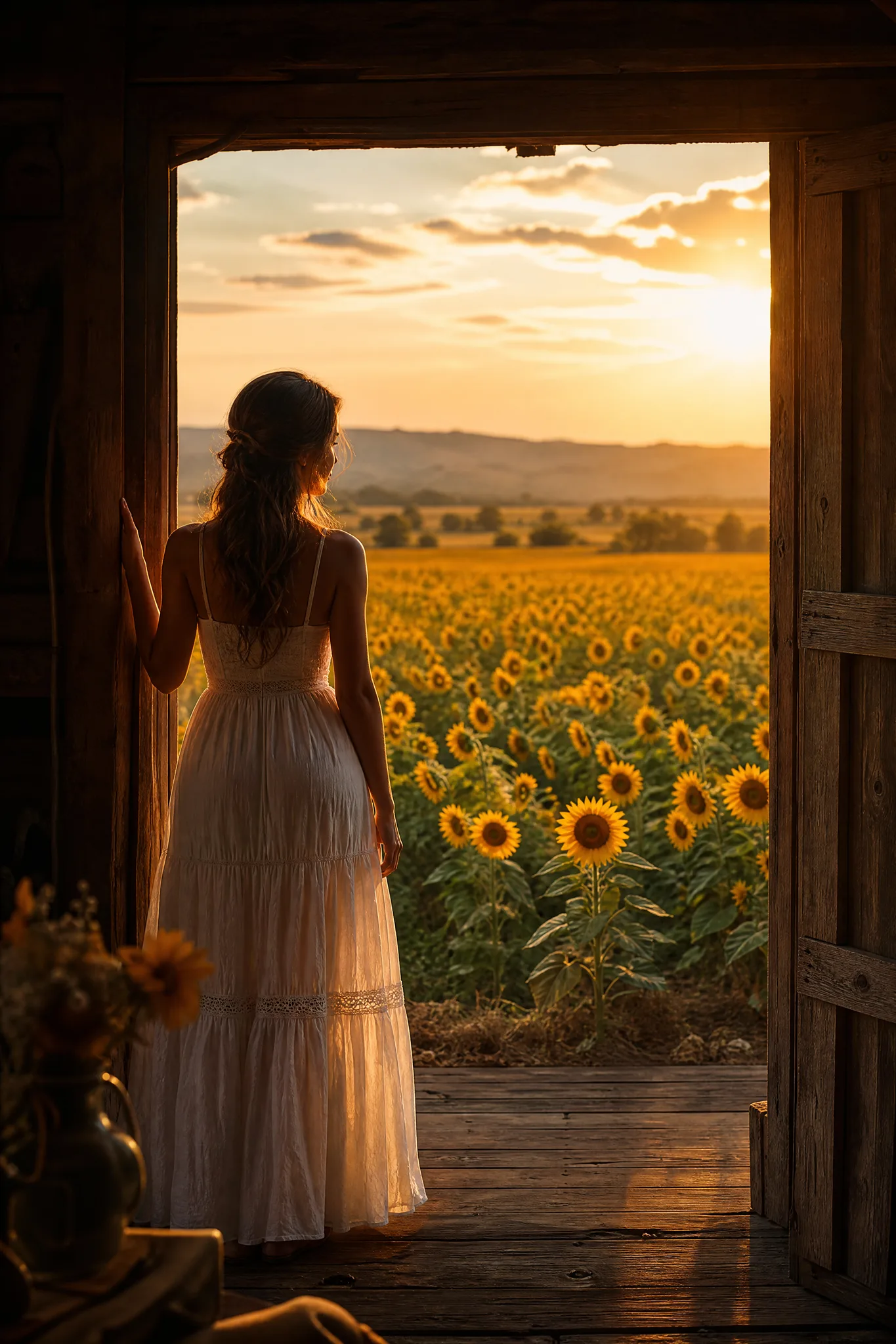 Woman in a white dress standing in a barn doorway, looking over a glowing field of sunflowers