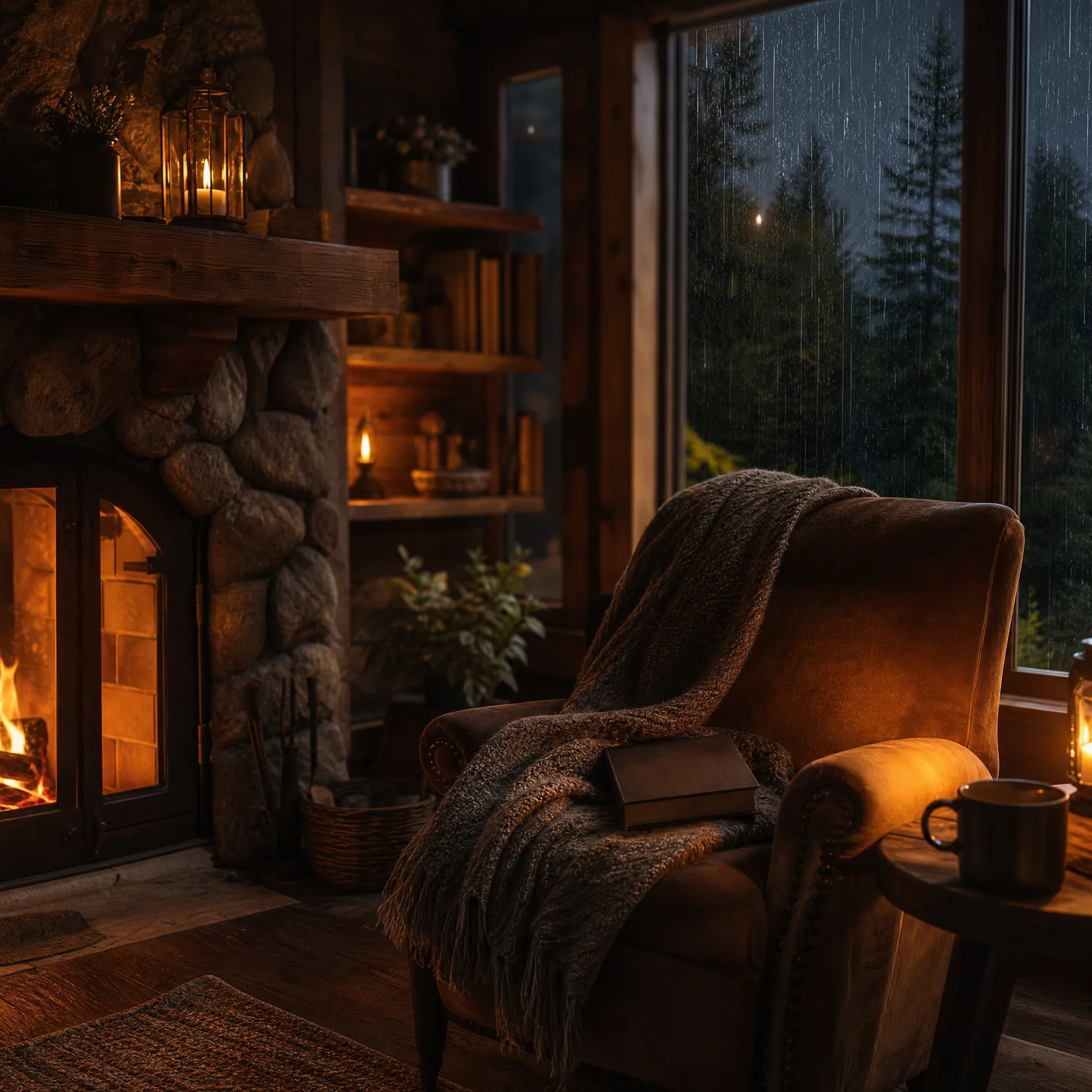 Timber cabin at dusk with a glowing stone fireplace, a blanket and open book on an armchair, rain on the pine-view window