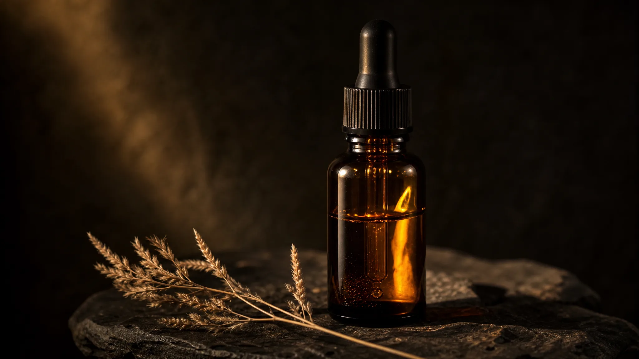 Hailuo AI Image to Video: Warm Light on an Amber Bottle Amber dropper bottle on a rough dark stone tray beside dried grass, a thin beam of warm light gliding over the glass