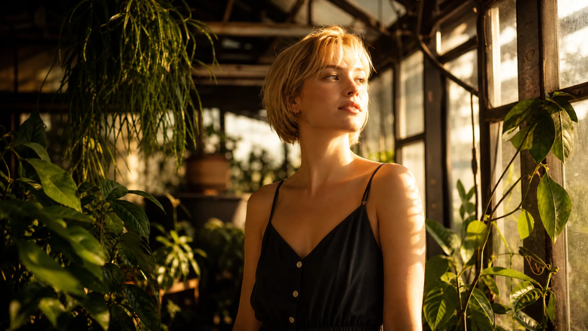 Hailuo AI Image to Video: Sunlight in the Glasshouse Short-haired blonde woman among lush plants in an old glasshouse, turning her face to late sun pouring through the panes