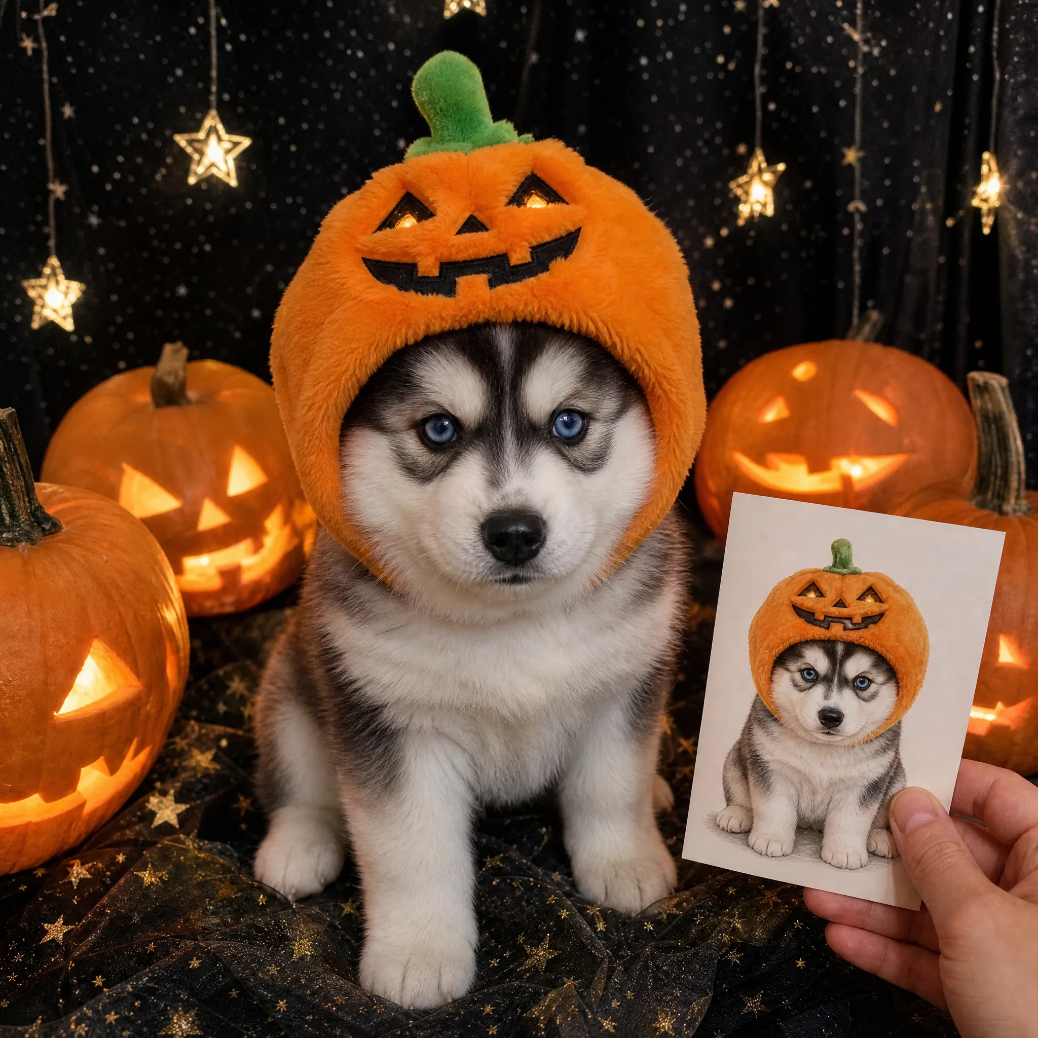 Blue-eyed husky puppy in a glowing pumpkin hood among jack-o’-lanterns while a hand raises its cartoon card