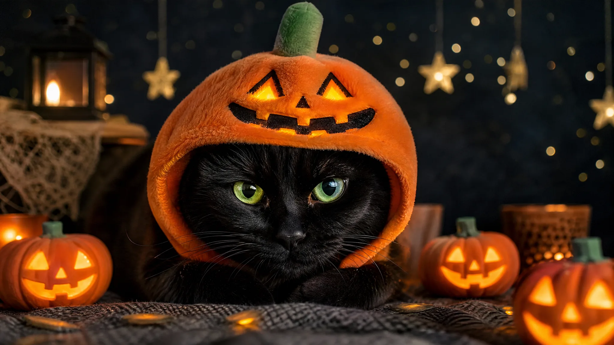 The Glowing Hood on a Black Cat Close-up of a green-eyed black cat framed by a plush pumpkin hood, its carved eyes and grin glowing orange