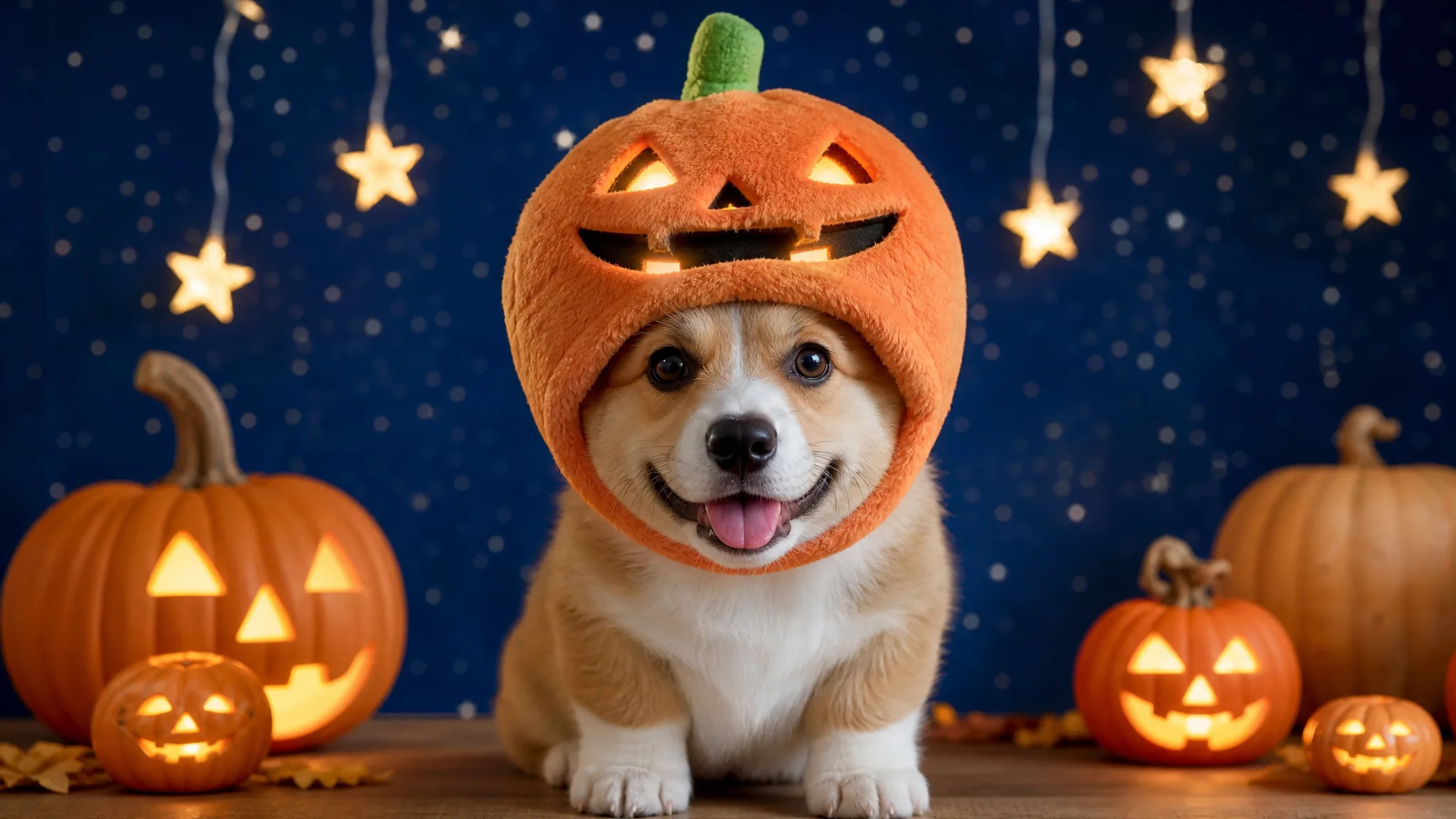 Halloween Pet Hat on a Corgi Puppy Corgi puppy with its tongue out wearing a plush pumpkin hood on a Halloween table under hanging star lights
