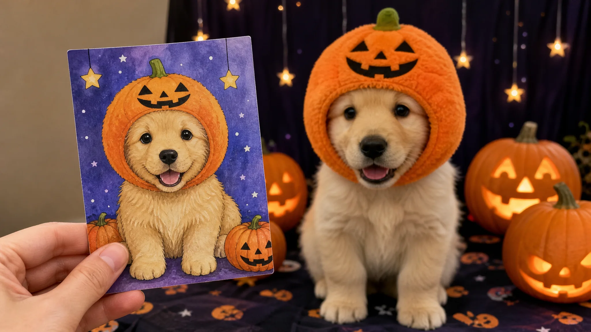 Cartoon Card of a Golden Puppy A hand holds a cartoon card of a golden retriever puppy in a pumpkin hood, the real puppy sitting behind it