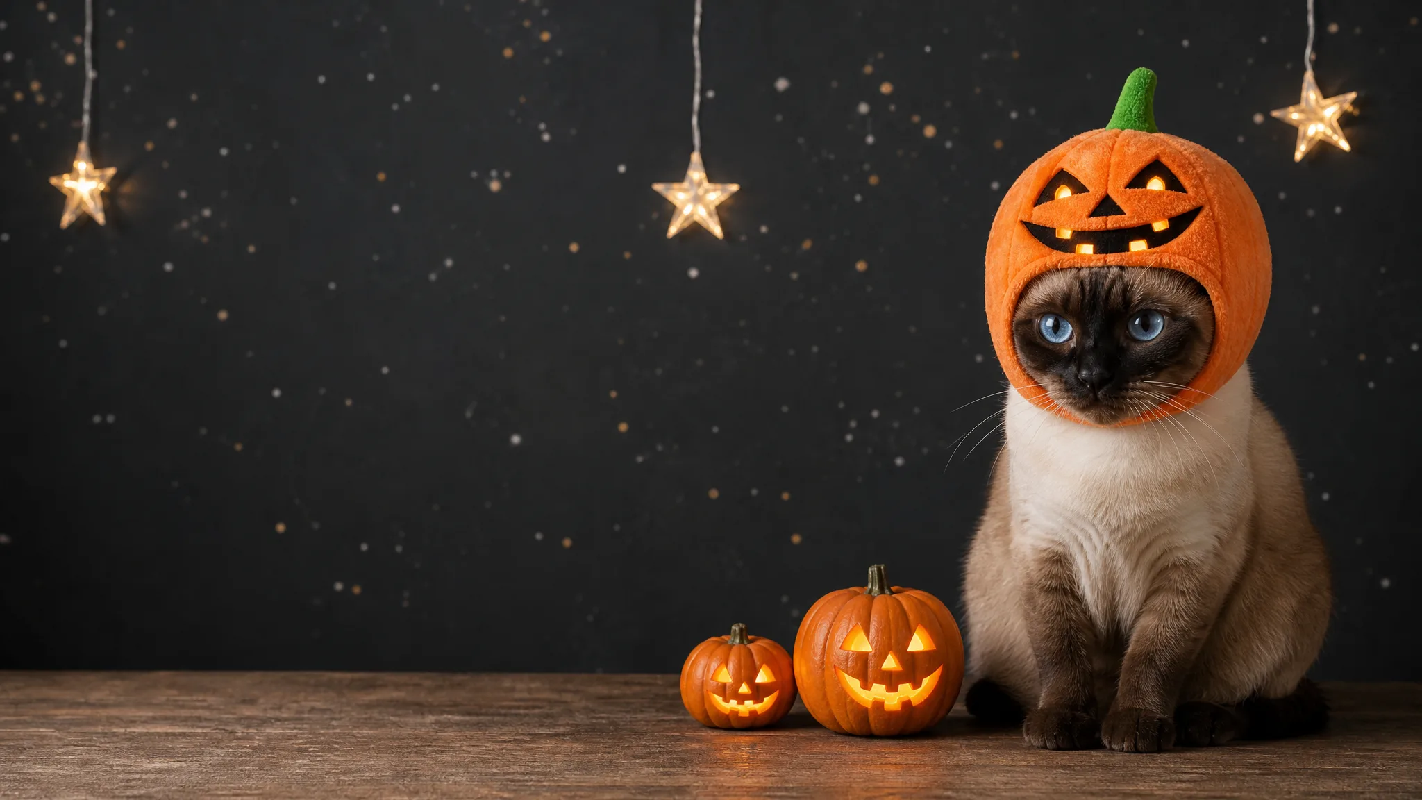 Siamese Cat With Space for a Message Blue-eyed Siamese cat in a pumpkin hood on the right of a Halloween table, with open dark space beside it