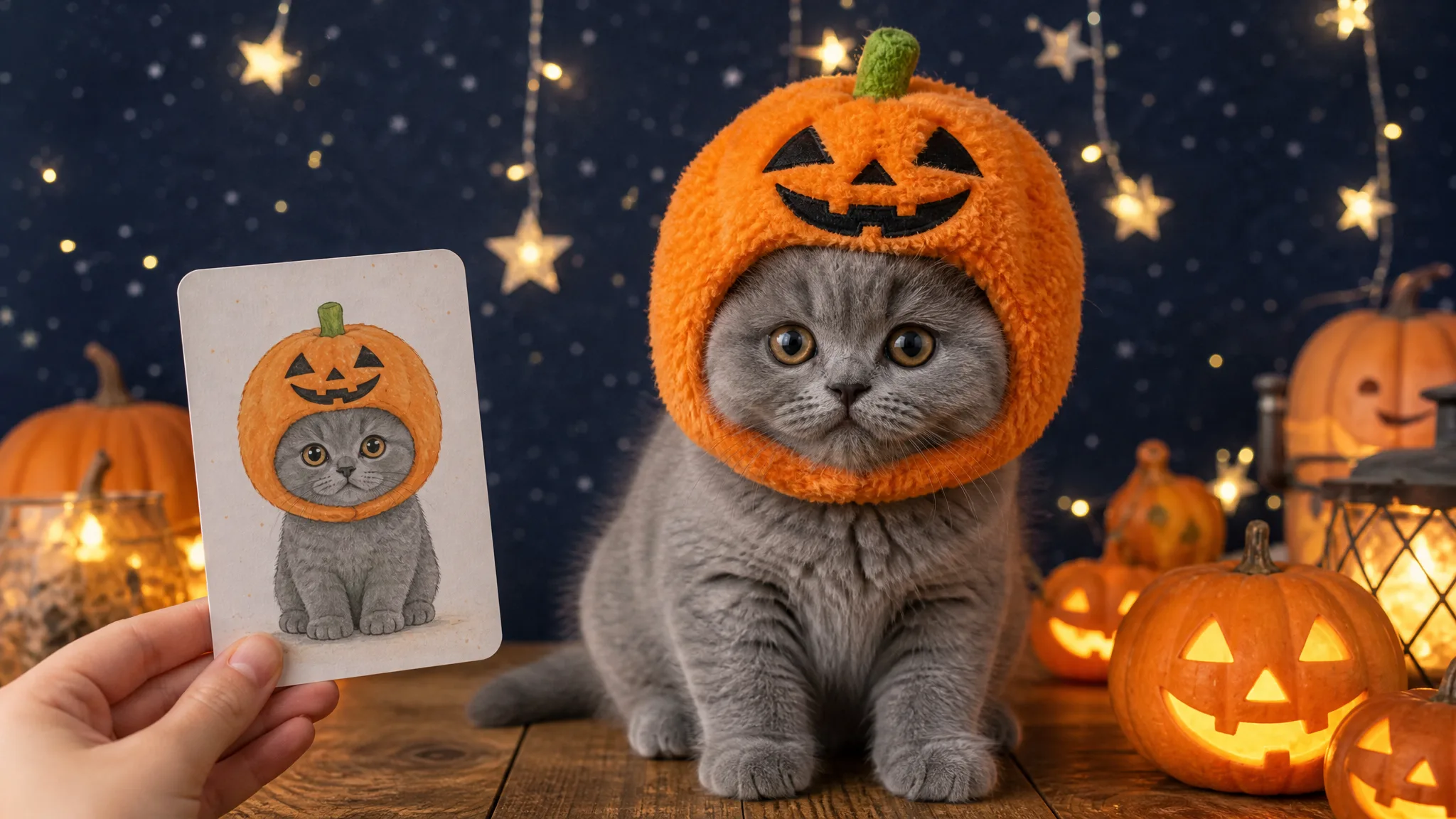 Grey kitten with copper eyes in a plush pumpkin hood on a Halloween table while a hand raises its cartoon card