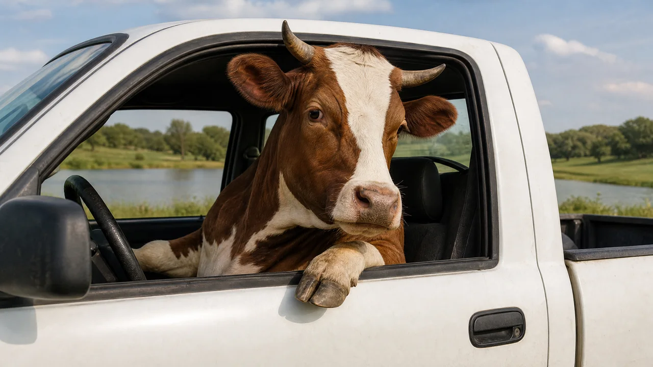 A cow at the open window of a white pickup