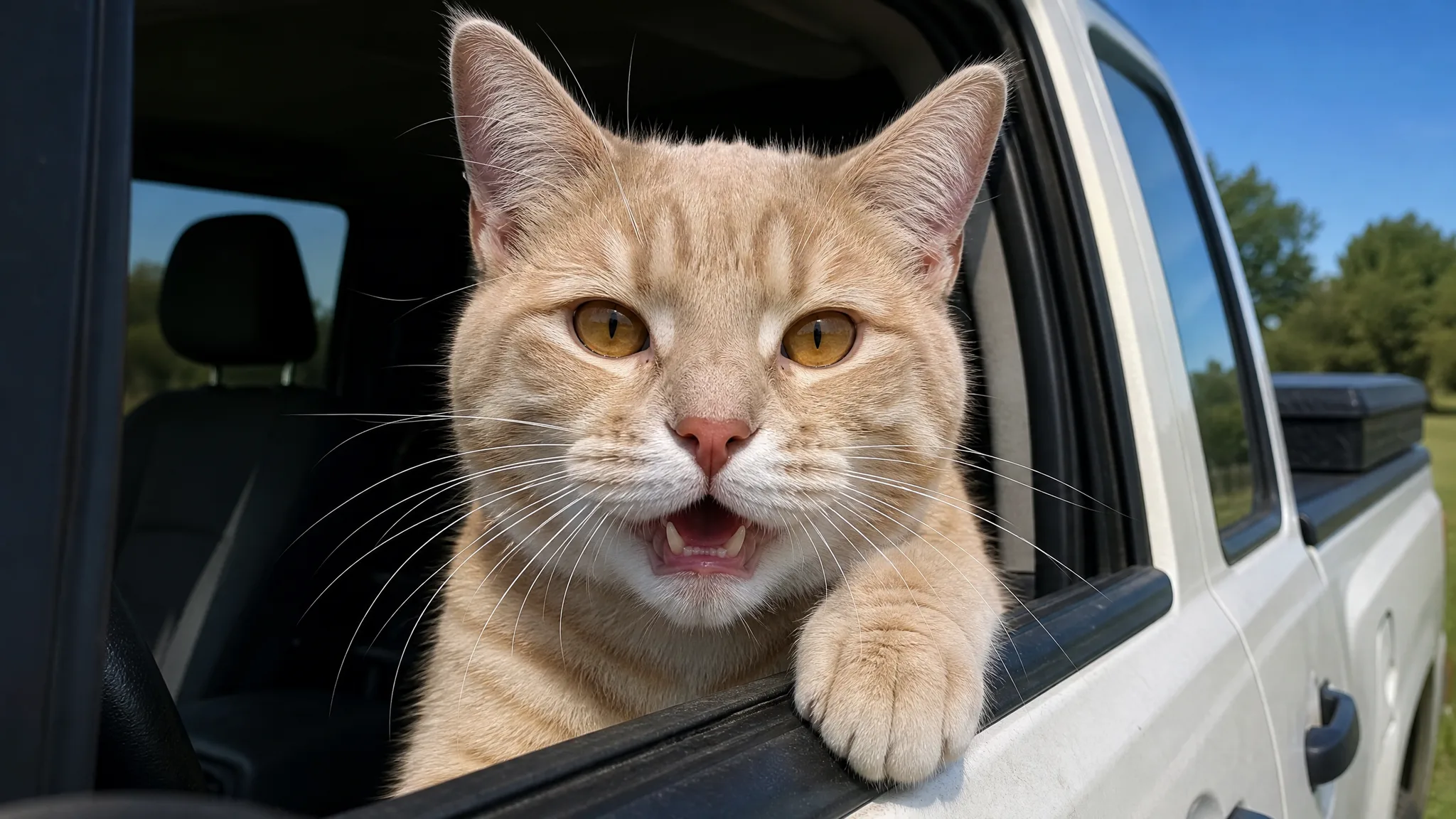 A cream tabby cat opening its mouth beside the pickup window