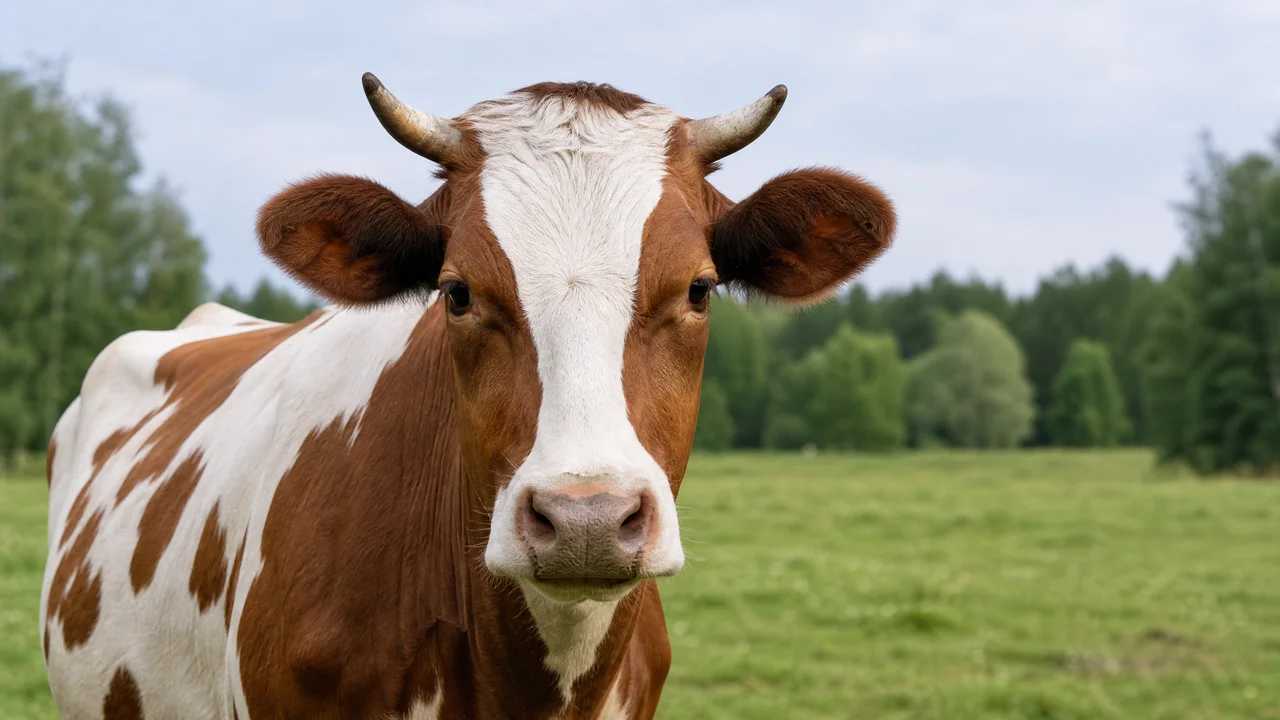 Portrait of a brown-and-white cow in a pasture