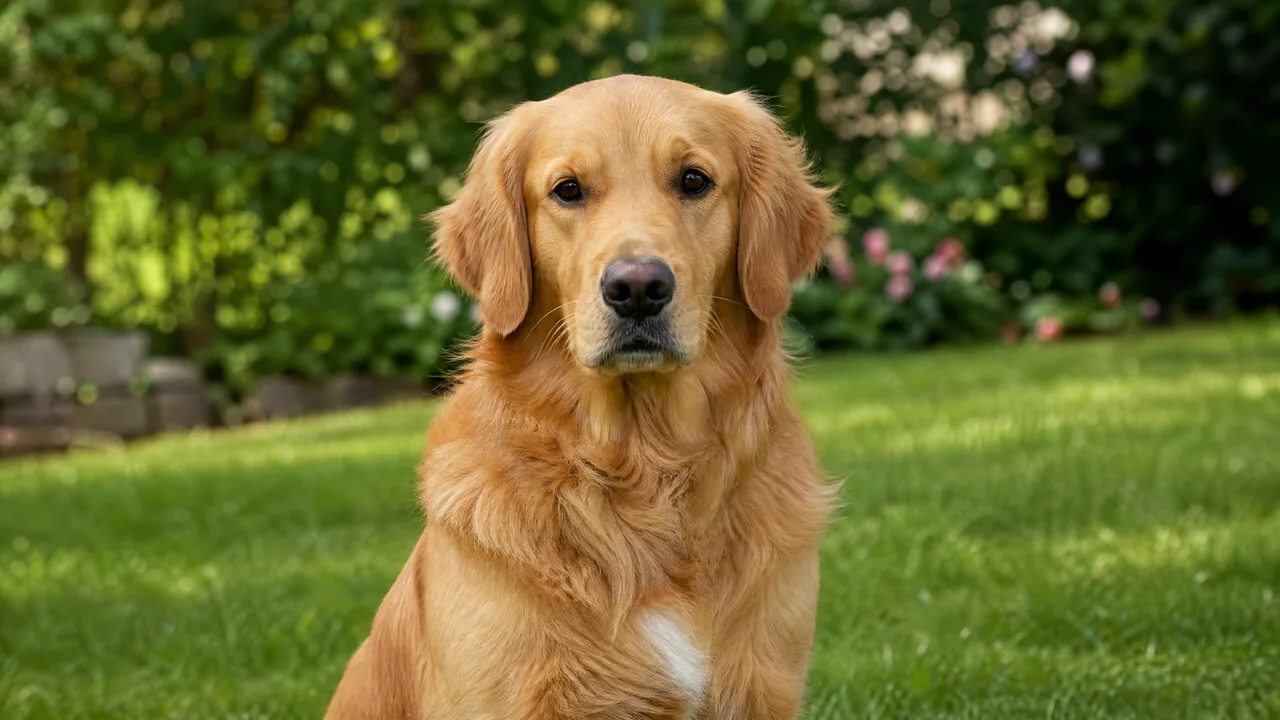 A golden retriever outdoors on grass