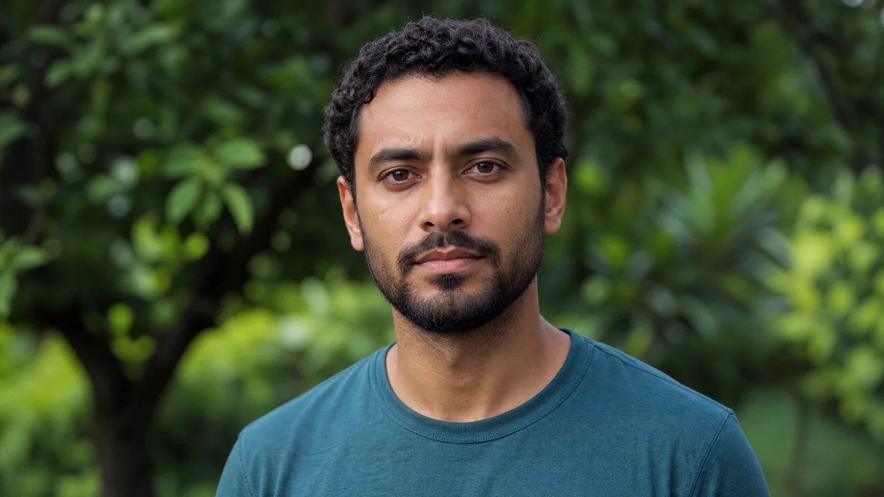 A bearded man with short curly hair wearing a teal shirt