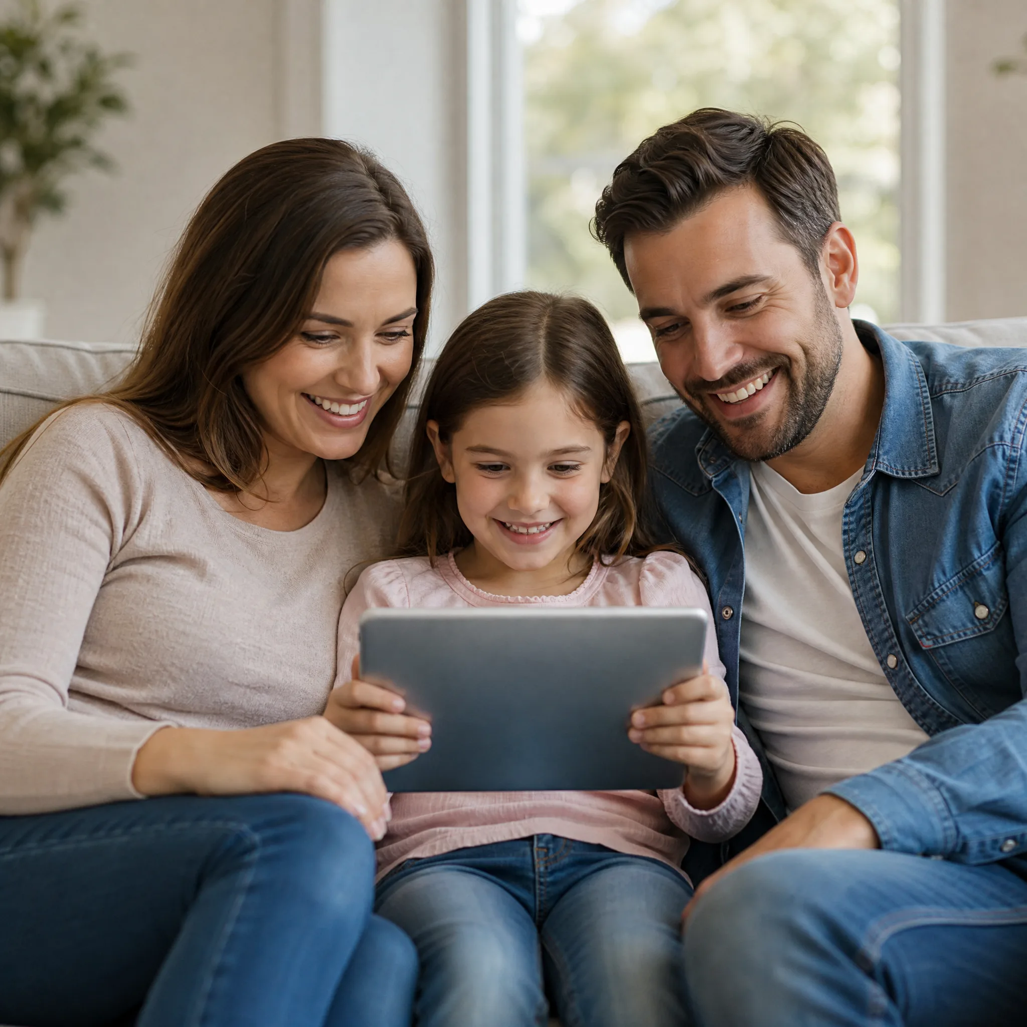 Mother, father and daughter smile at a tablet on a grey sofa in a bright living room