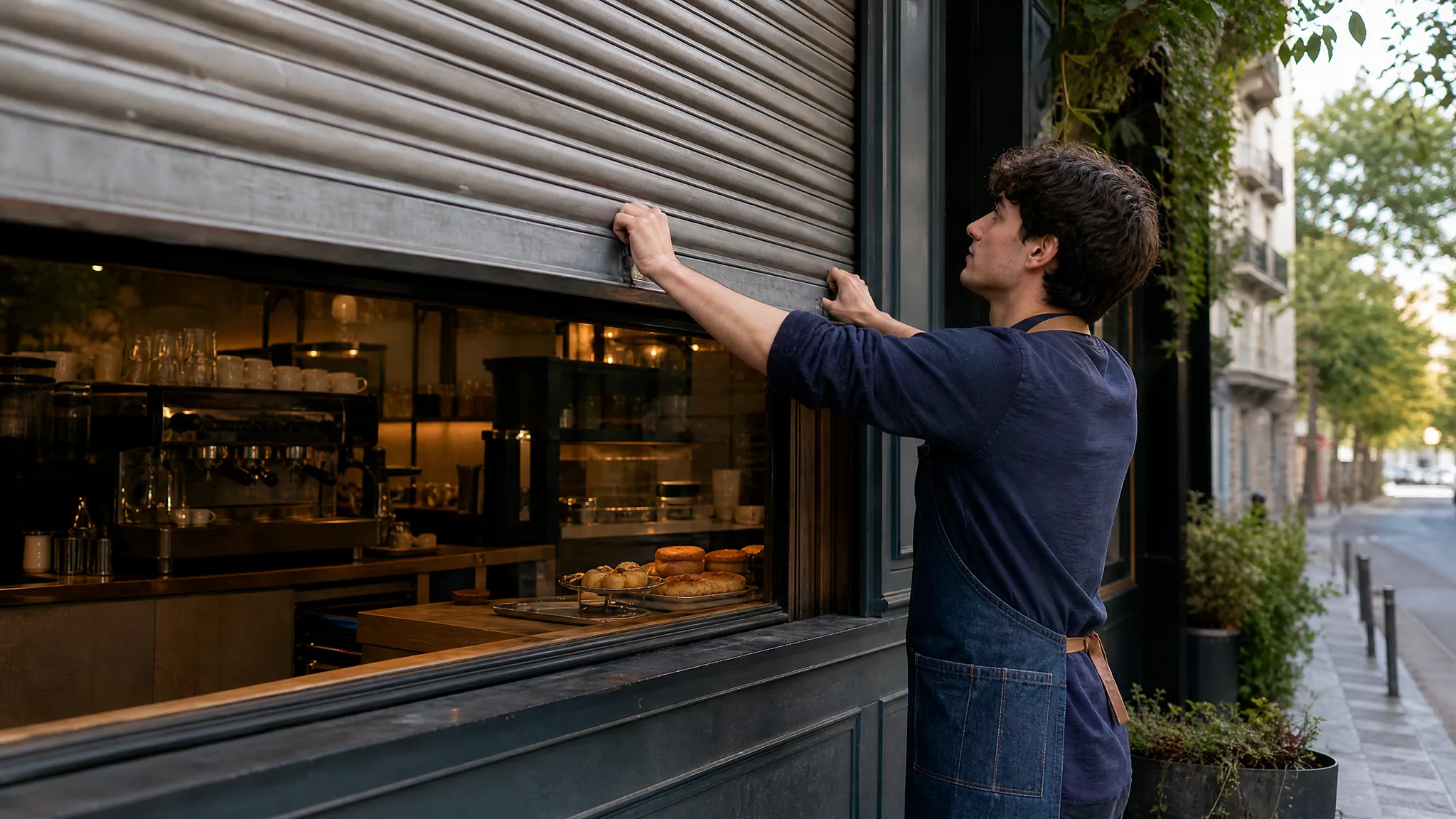 Barista in a denim apron pushes a café shutter halfway up, revealing the coffee bar and pastries inside