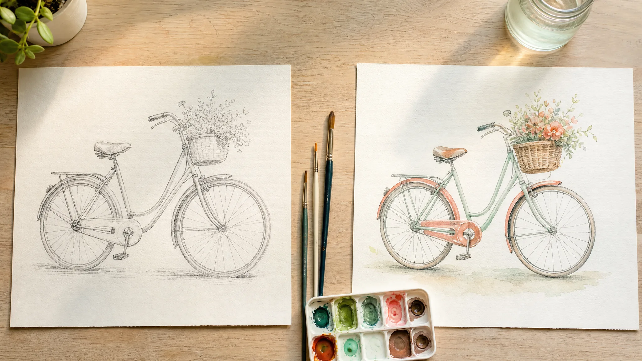 Pencil sketch of a basket bicycle beside the same bicycle painted in mint and coral watercolour on a wooden desk