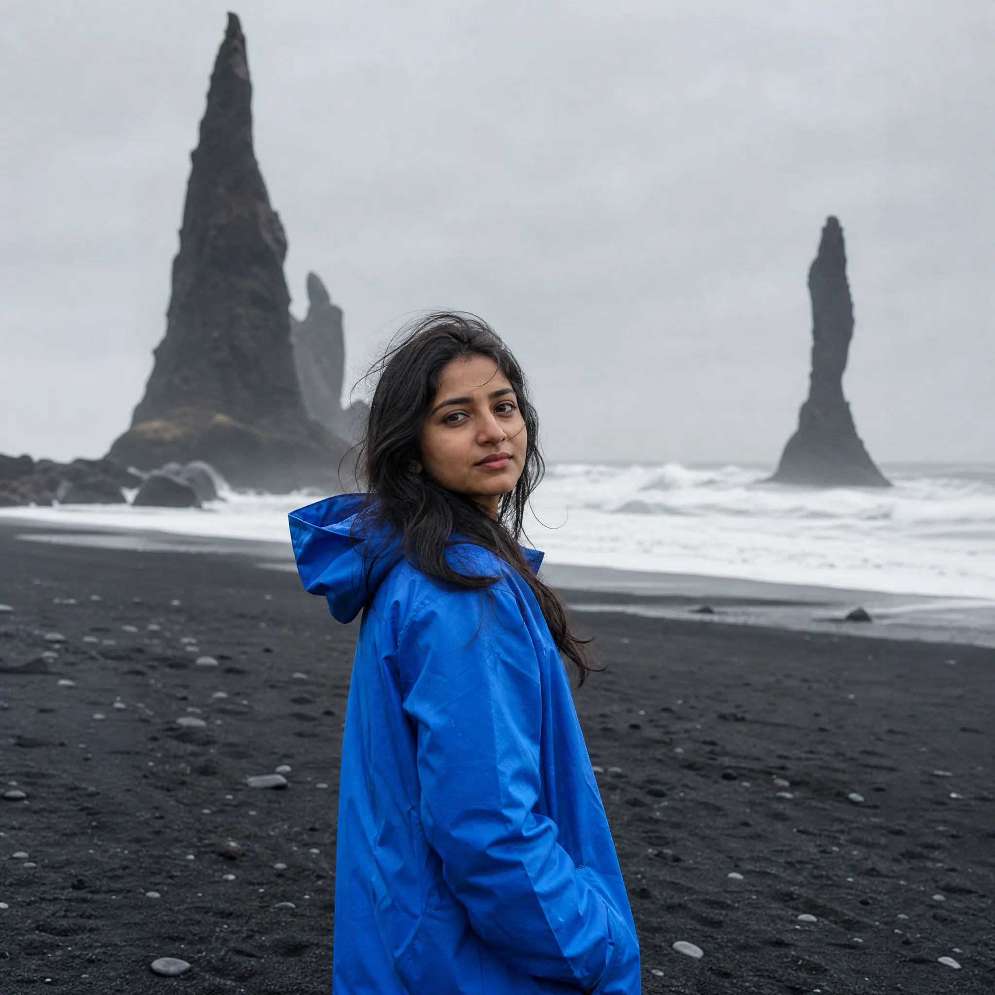 Woman in a cobalt-blue raincoat on a black sand beach, tall basalt sea stacks and white surf behind her
