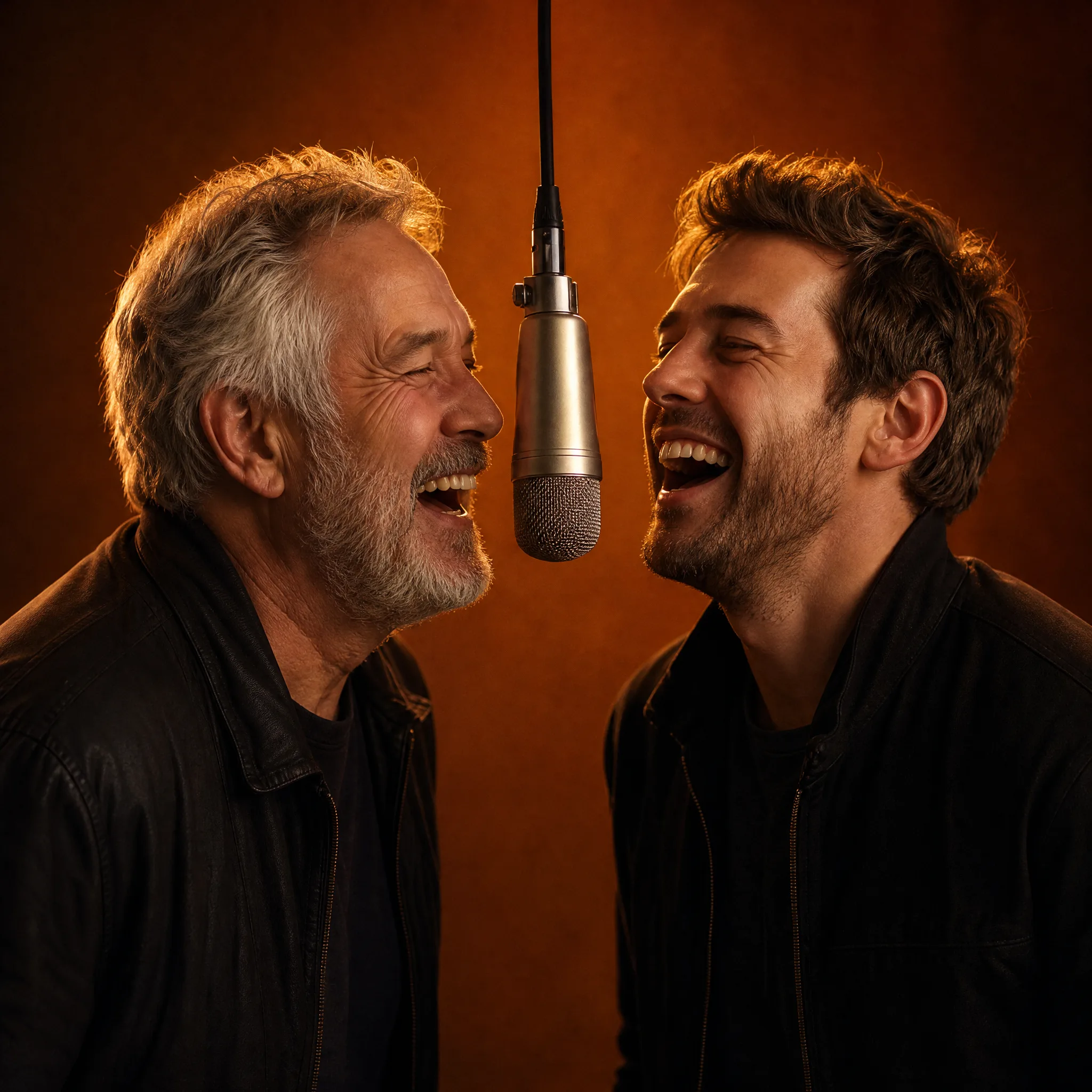 Father with grey hair and his grown son, both in dark jackets, laughing into one hanging mic in an orange studio