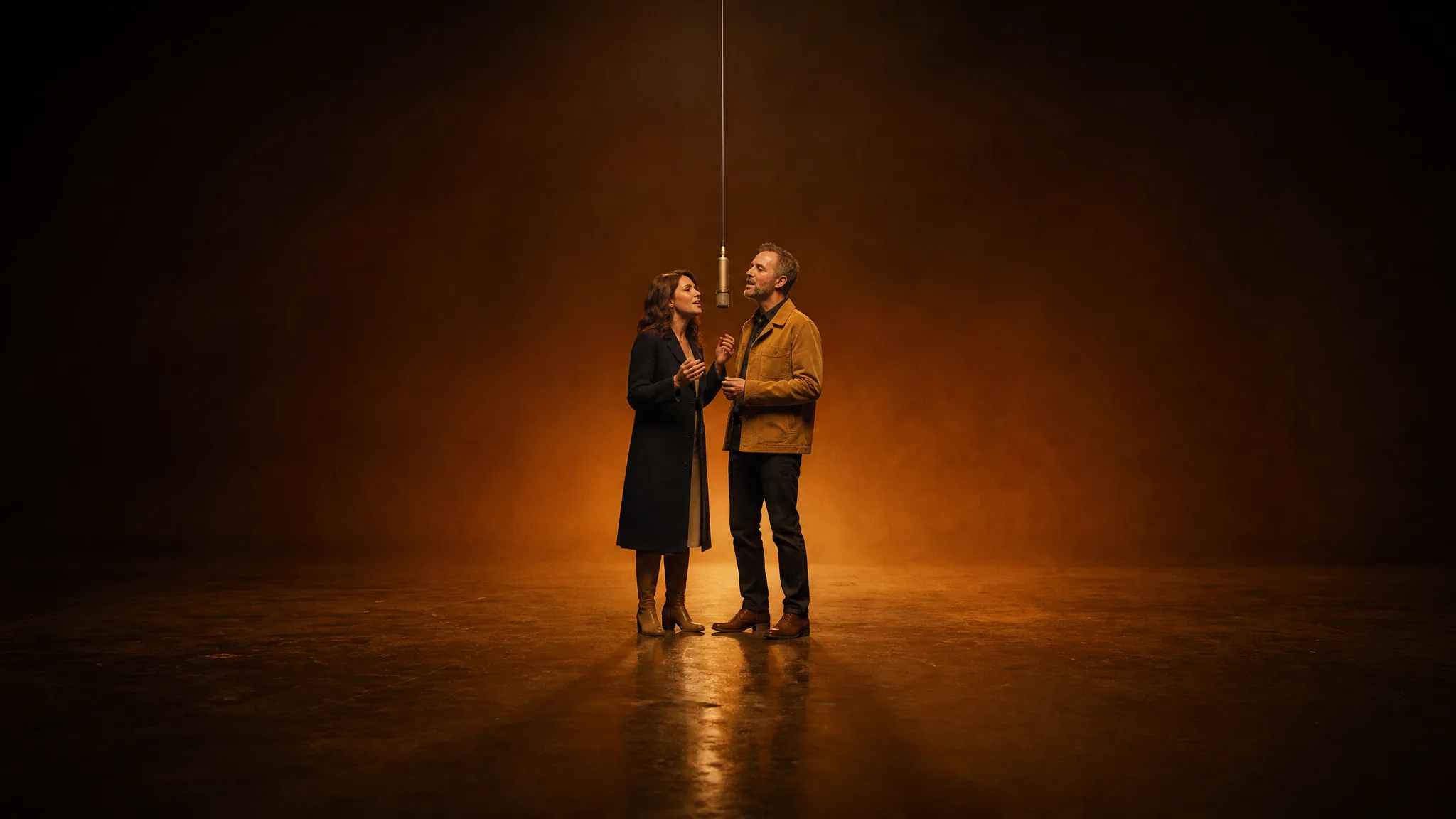 The Wide Orange Stage Wide shot of a couple in a navy coat and camel jacket sharing one hanging mic on an empty amber-lit stage