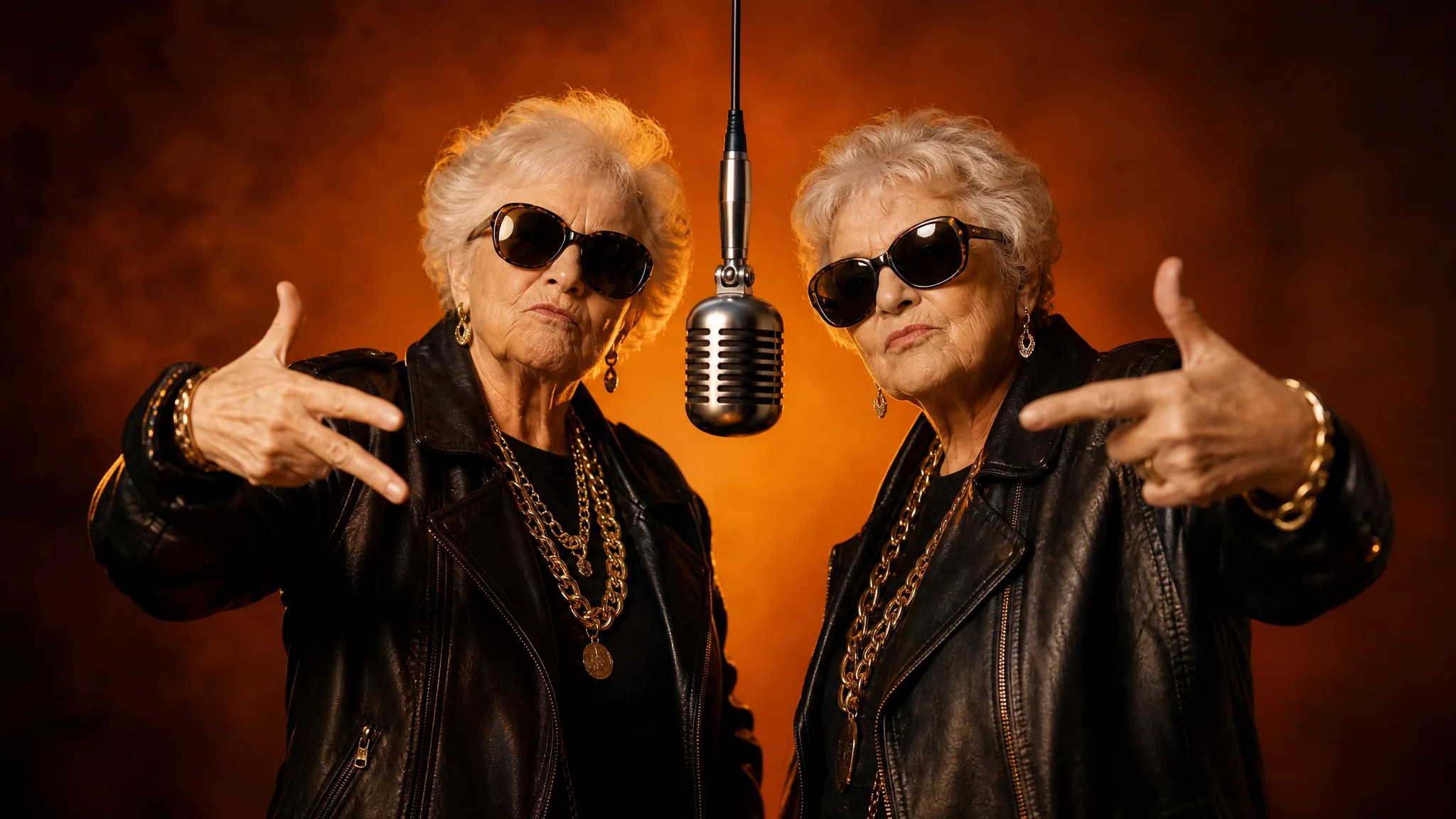 Grandmothers Styled in Leather and Gold Two grandmothers in matching black leather jackets, layered gold chains and dark sunglasses posing by a hanging mic