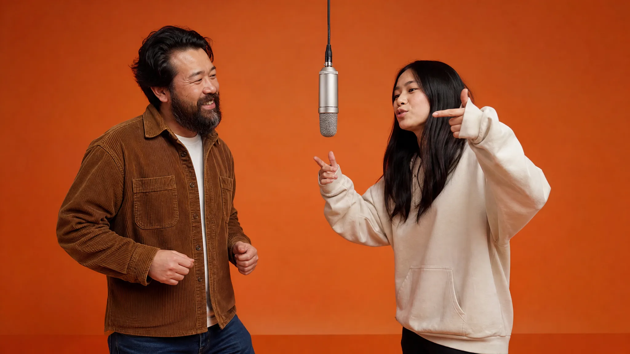 A Favorite Uncle and His Niece as a Duo Bearded uncle in a brown corduroy shirt grins as his teenage niece in a cream hoodie raps by a hanging mic