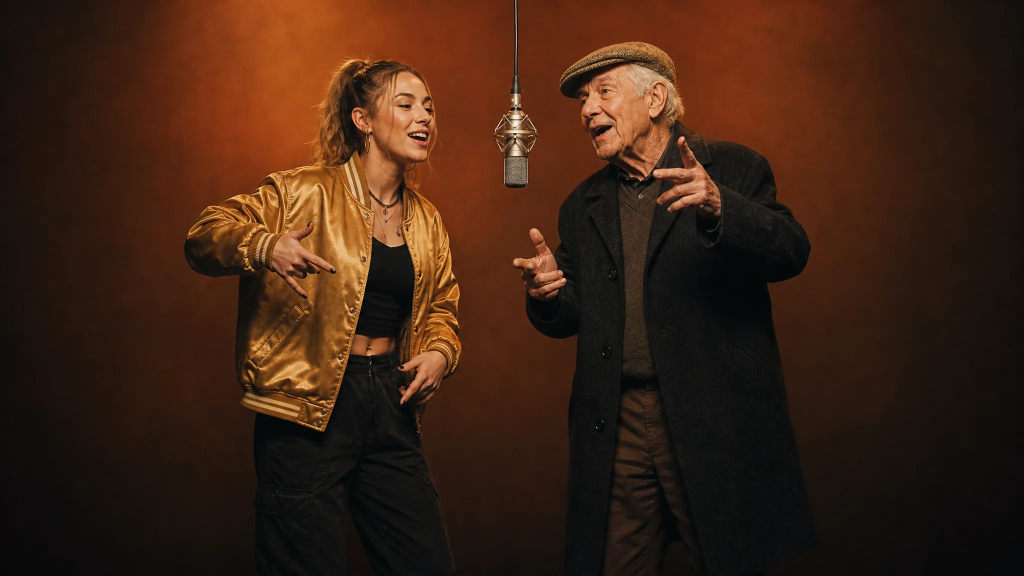 Young woman in a gold satin bomber and her grandfather in a tweed flat cap rapping on either side of one mic