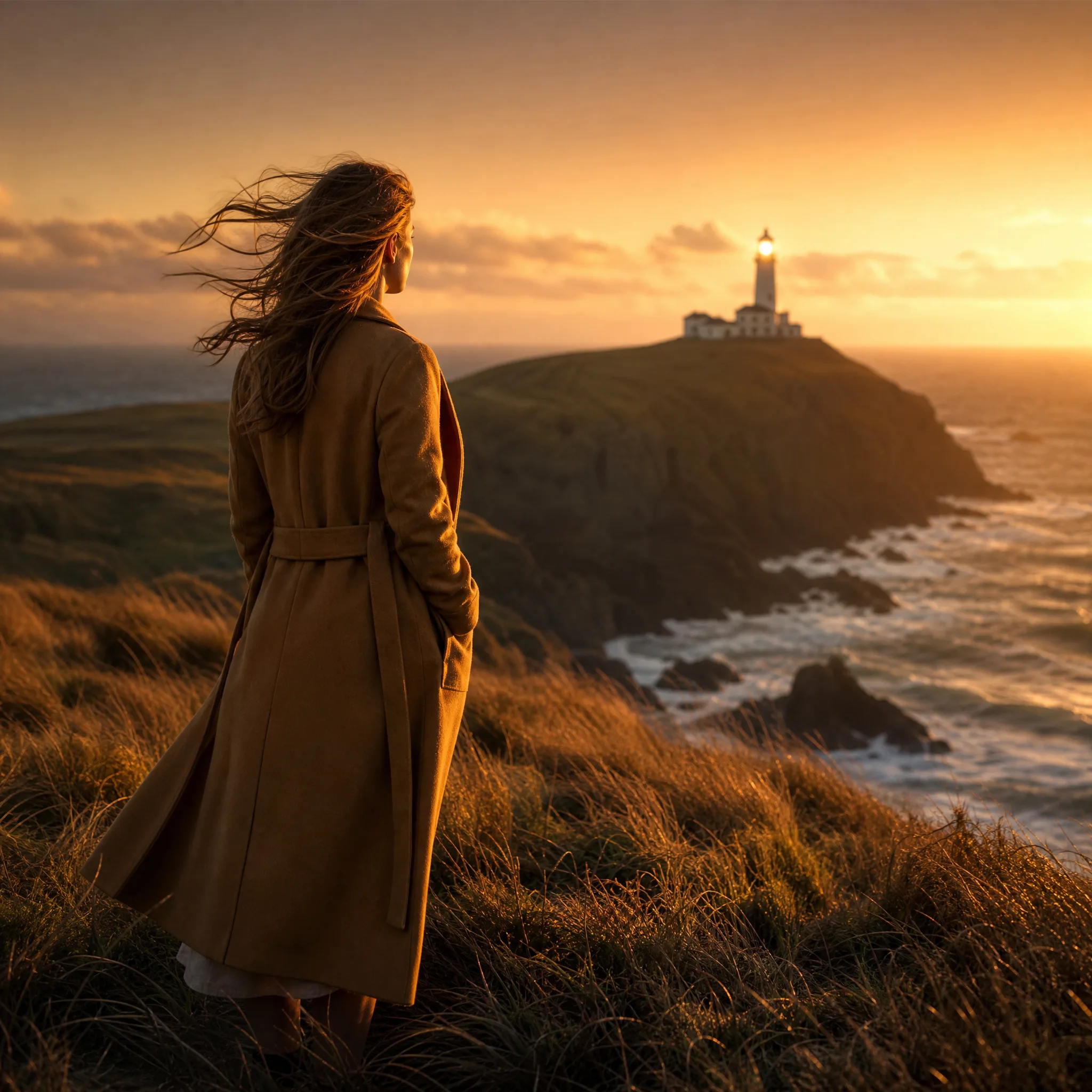 Woman in a long ochre coat on a windy clifftop meadow at sunset, facing a distant glowing lighthouse