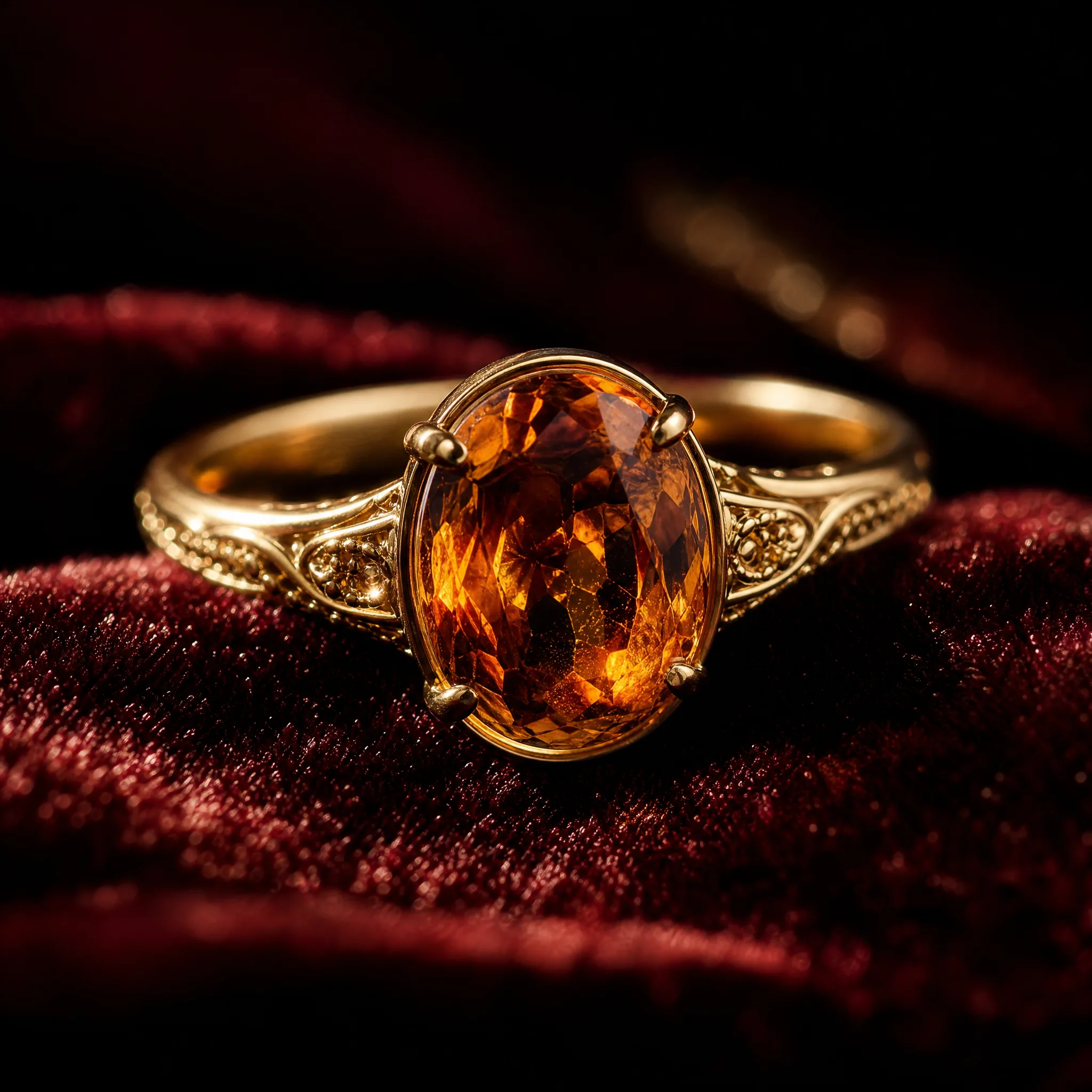 Close-up of a gold ring with a faceted amber stone lying on deep burgundy velvet