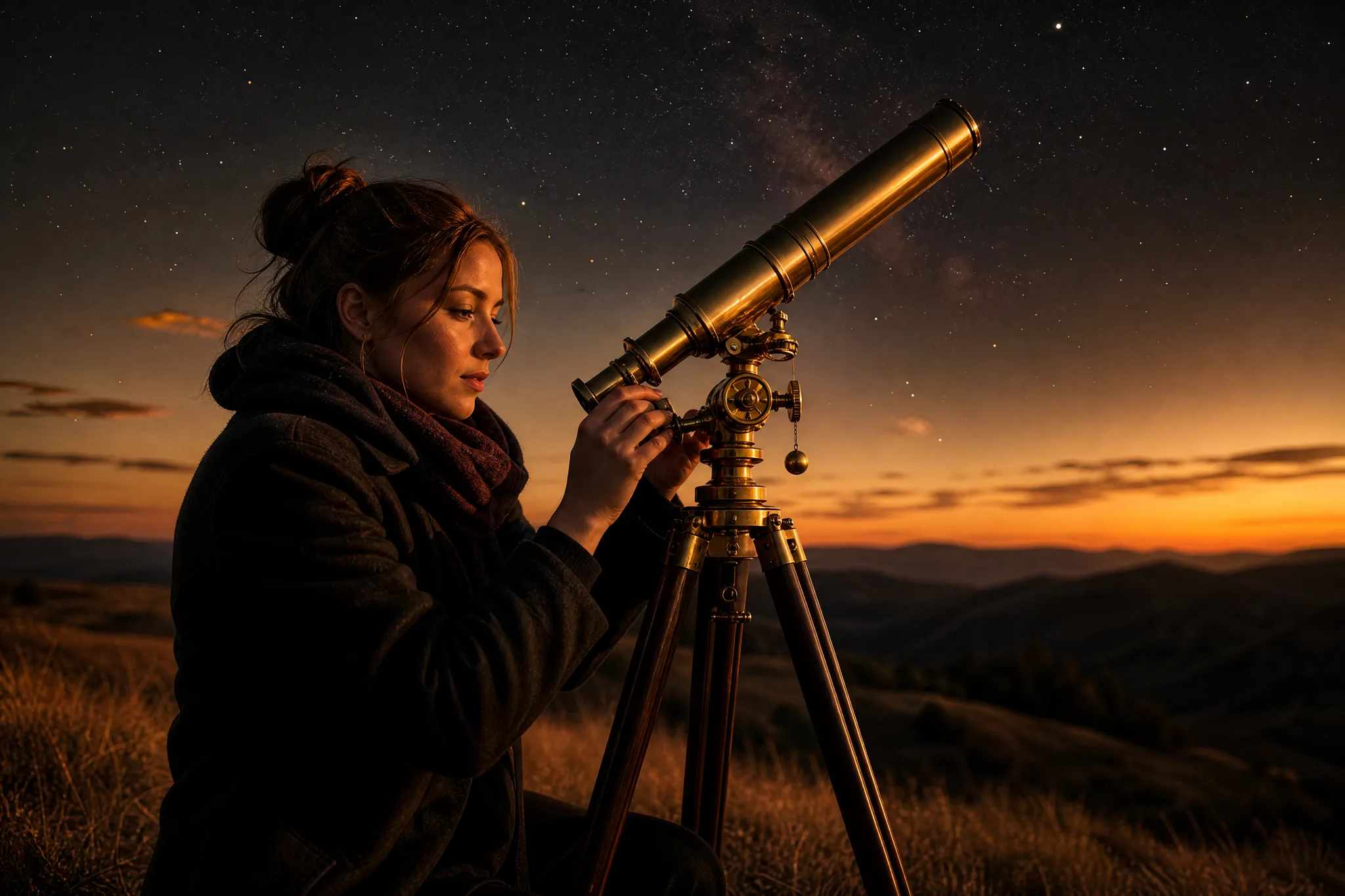 Woman tuning a brass telescope on a grassy hill at twilight as the first stars come out