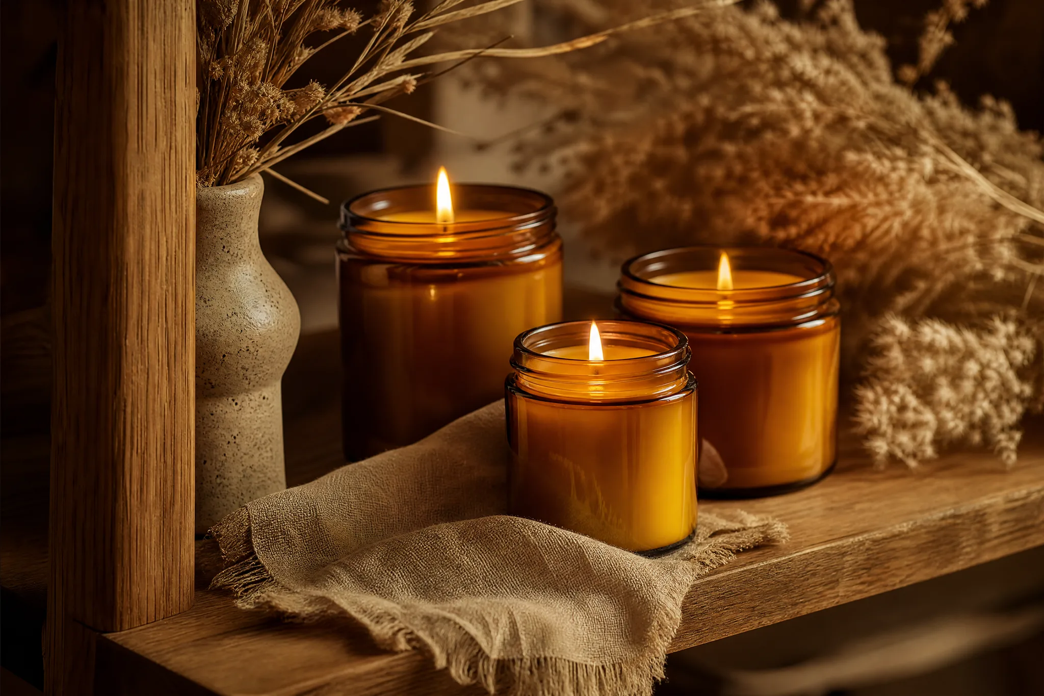 Amber glass jars of handmade beeswax candles on an oak shelf with dried grasses and linen