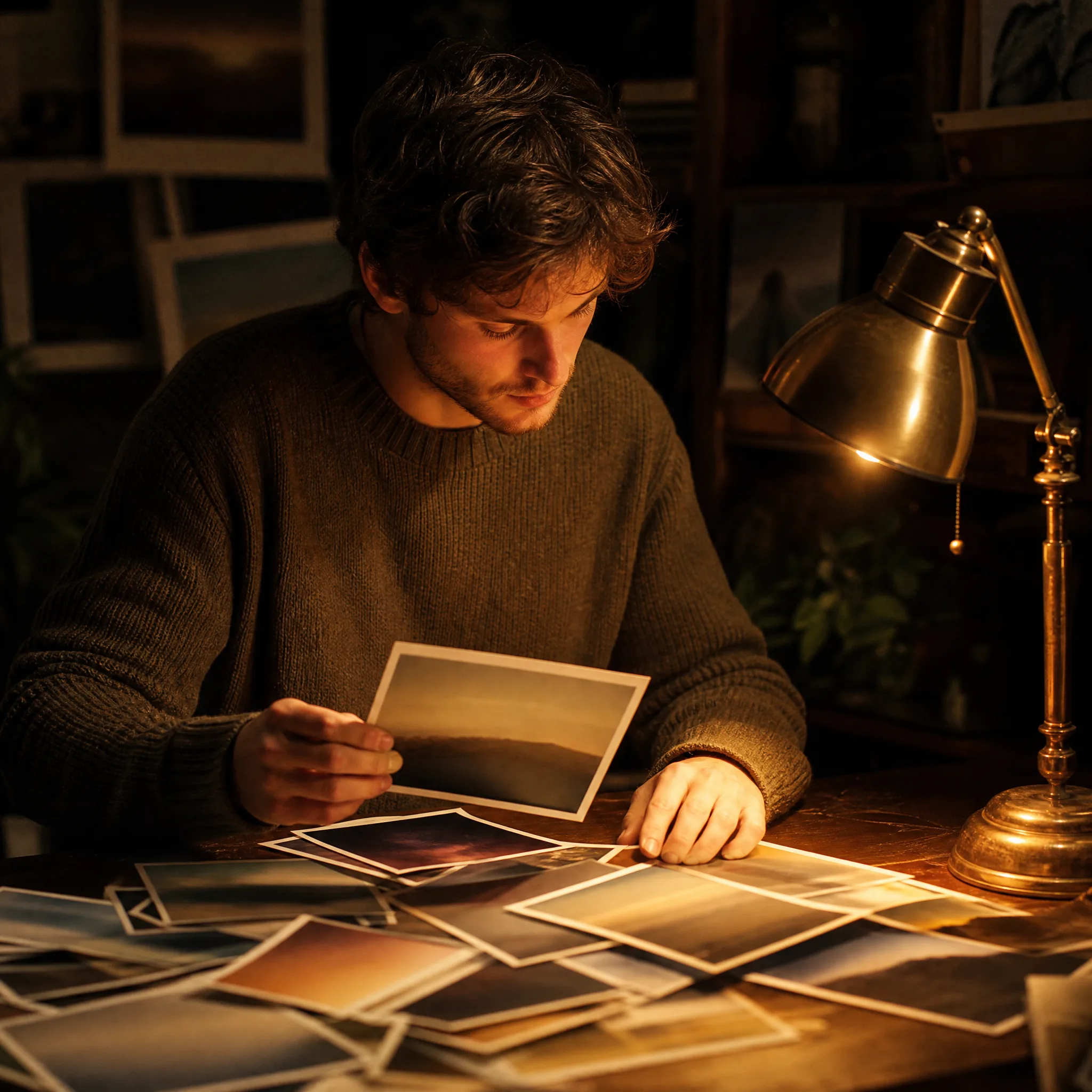 Man under a brass desk lamp picking one print out of a spread of photographs to look closer