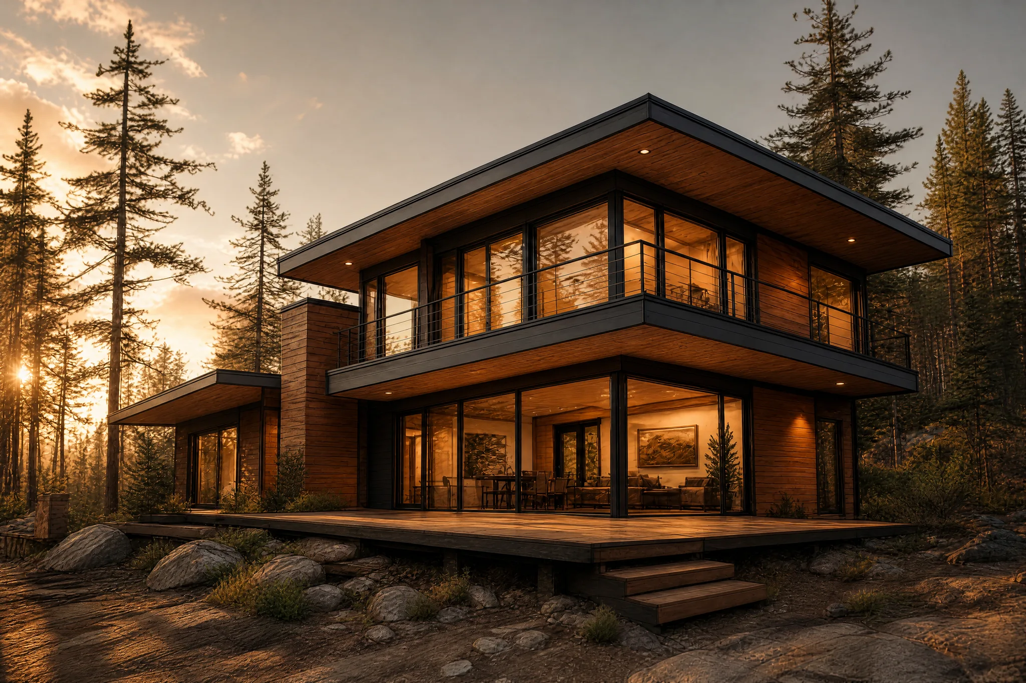 Photo-style render of the sketched house at golden hour, with cedar walls and lit windows framed by pines